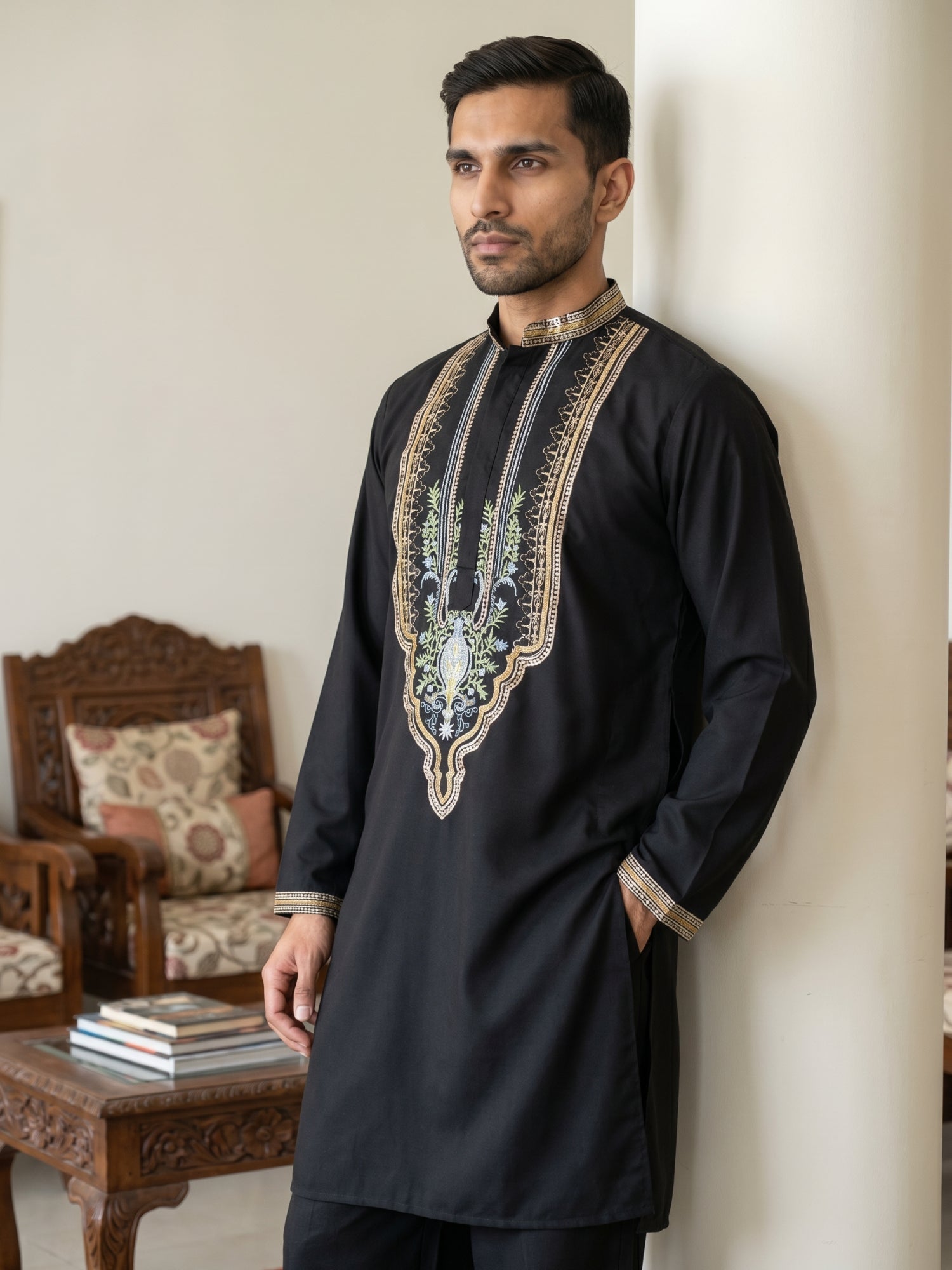 DesiQlo Men Embroidered Kurta Pyjama Set - Black - 65KP_PJ11B_5516Blac