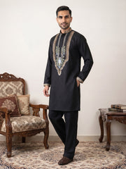 Black Cotton Blend Ethnic Embroidered Kurta with Korean Pants ( 65KP PJ11B 5516Black )