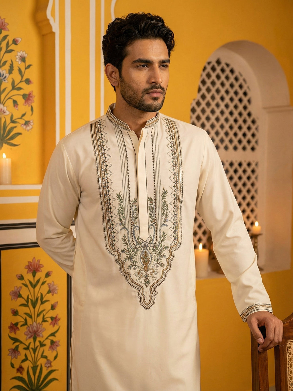 Cream Cotton Blend Ethnic Embroidered Kurta Set ( 65KP P 5516Cream ) [FF] [B-2]