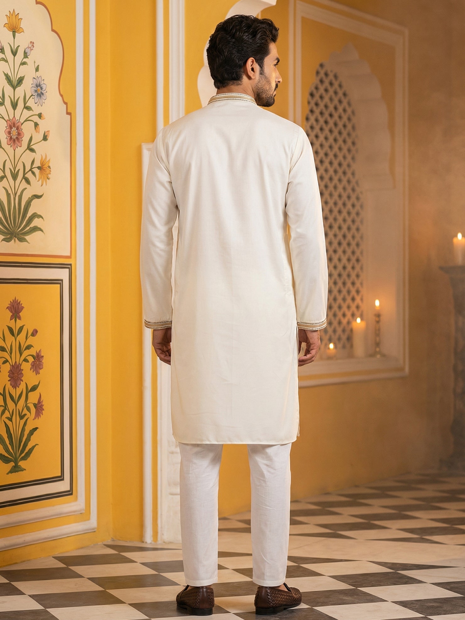 DesiQlo Men Embroidered Kurta Pyjama Set - Beige - 65KP_P_5516Cream_S
