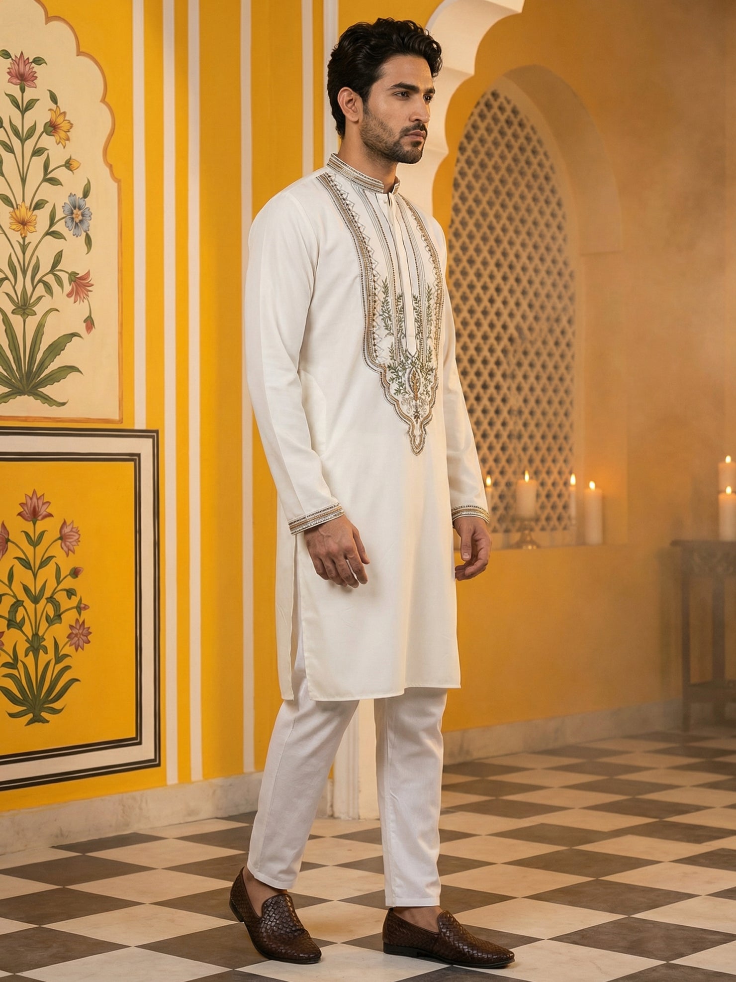 DesiQlo Men Embroidered Kurta Pyjama Set - Beige - 65KP_P_5516Cream_S