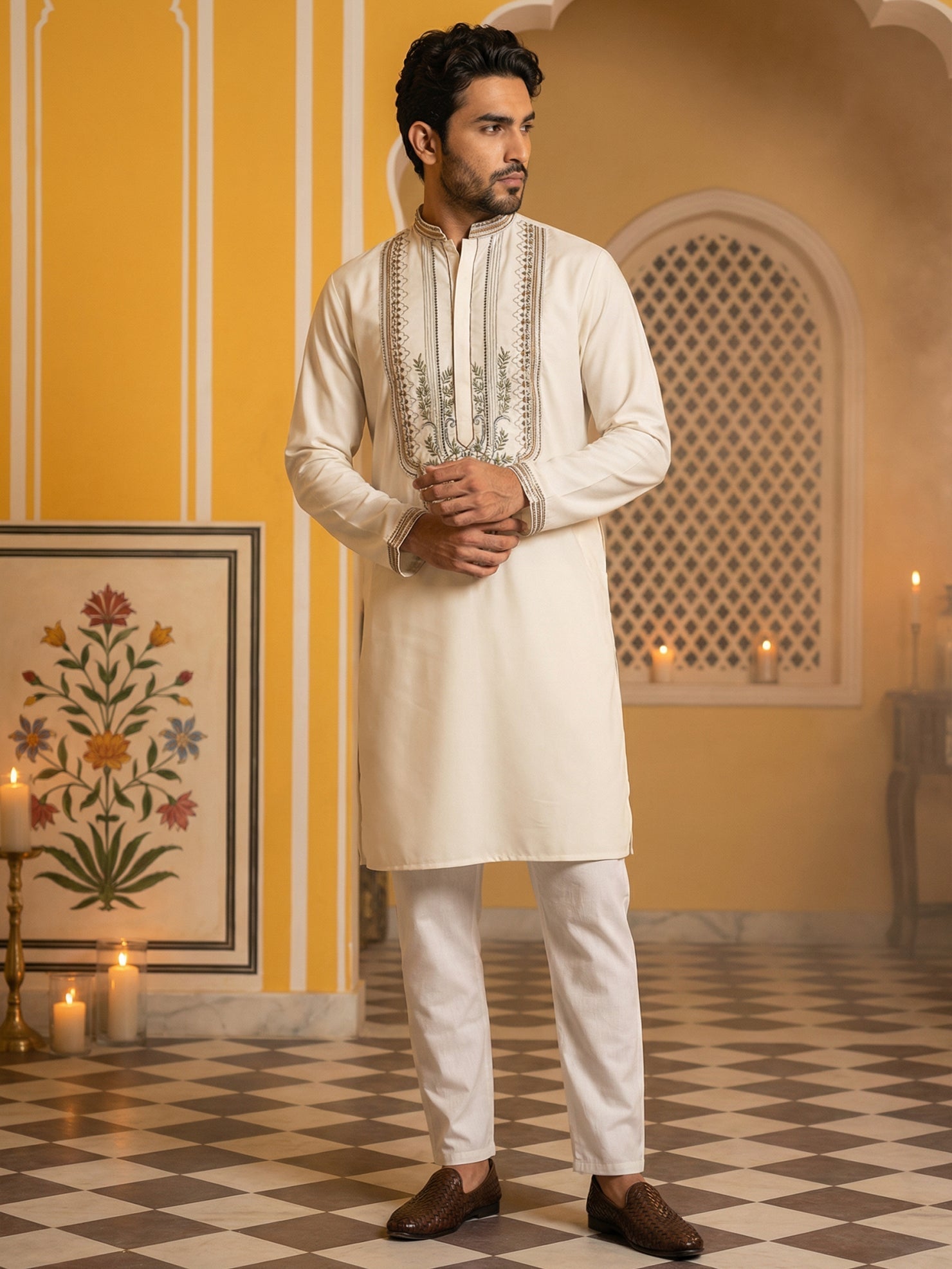 DesiQlo Men Embroidered Kurta Pyjama Set - Beige - 65KP_P_5516Cream_S