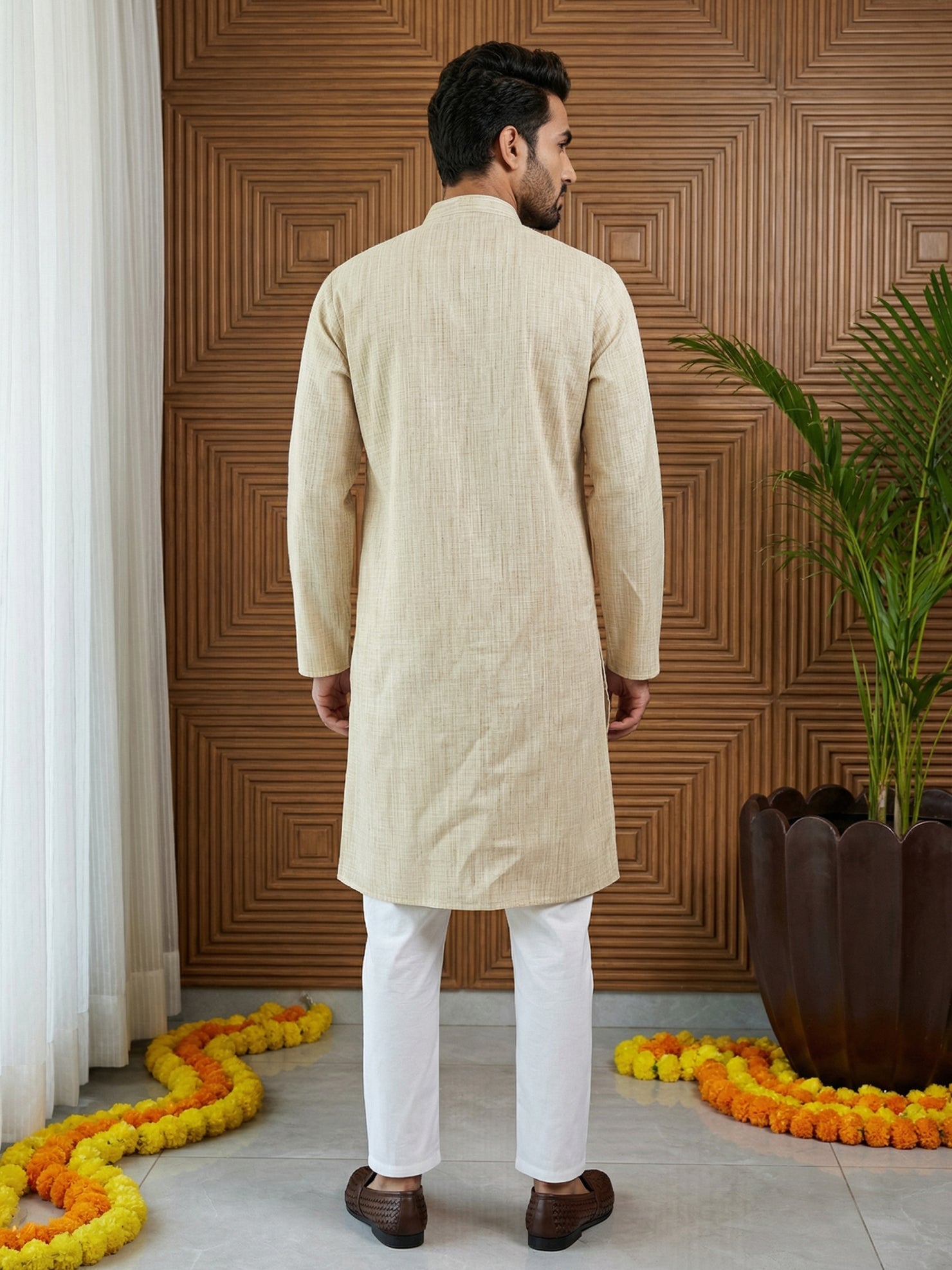DesiQlo Men Woven Design Kurta Pyjama Set - Beige