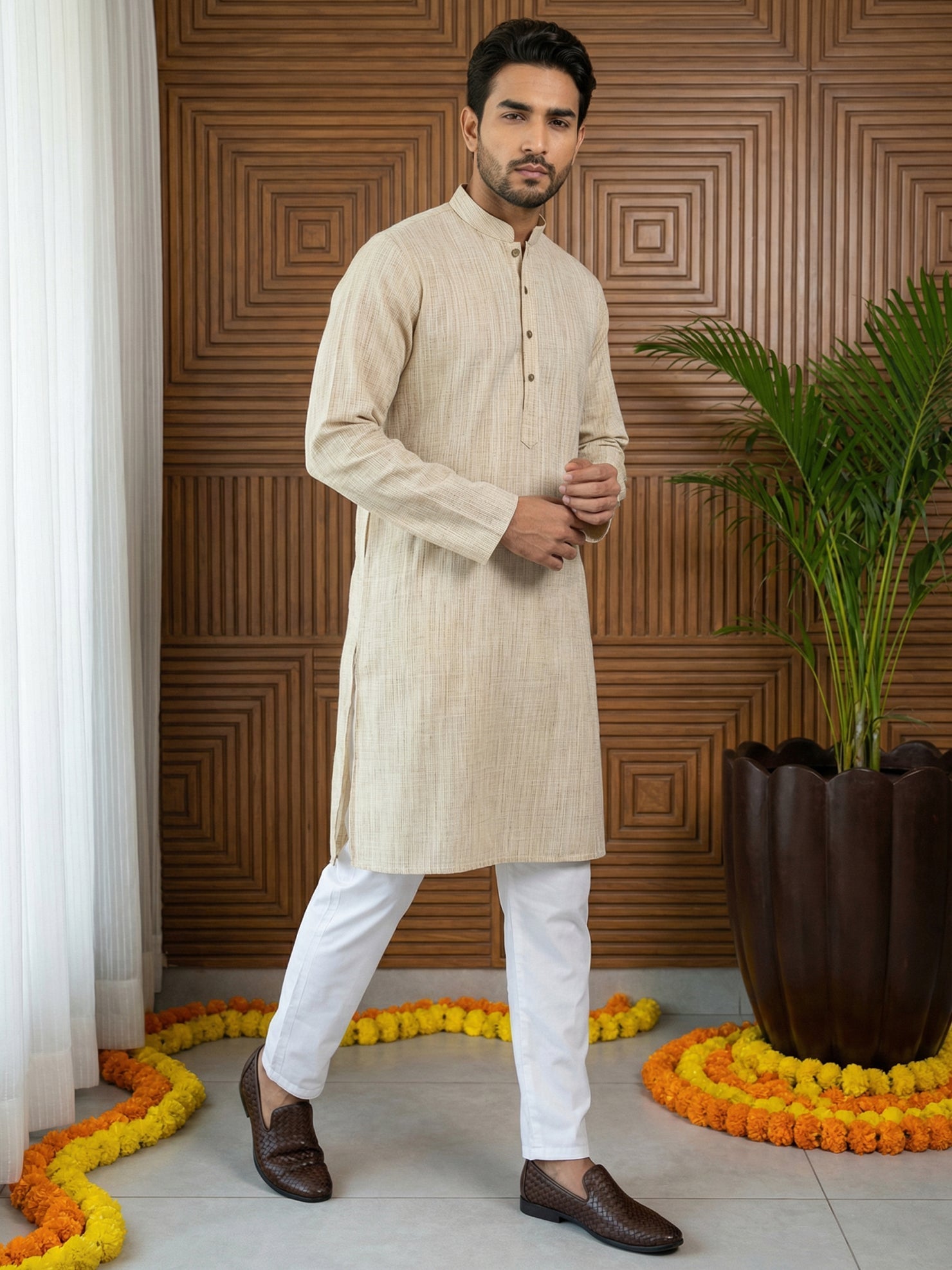 DesiQlo Men Woven Design Kurta Pyjama Set - Beige