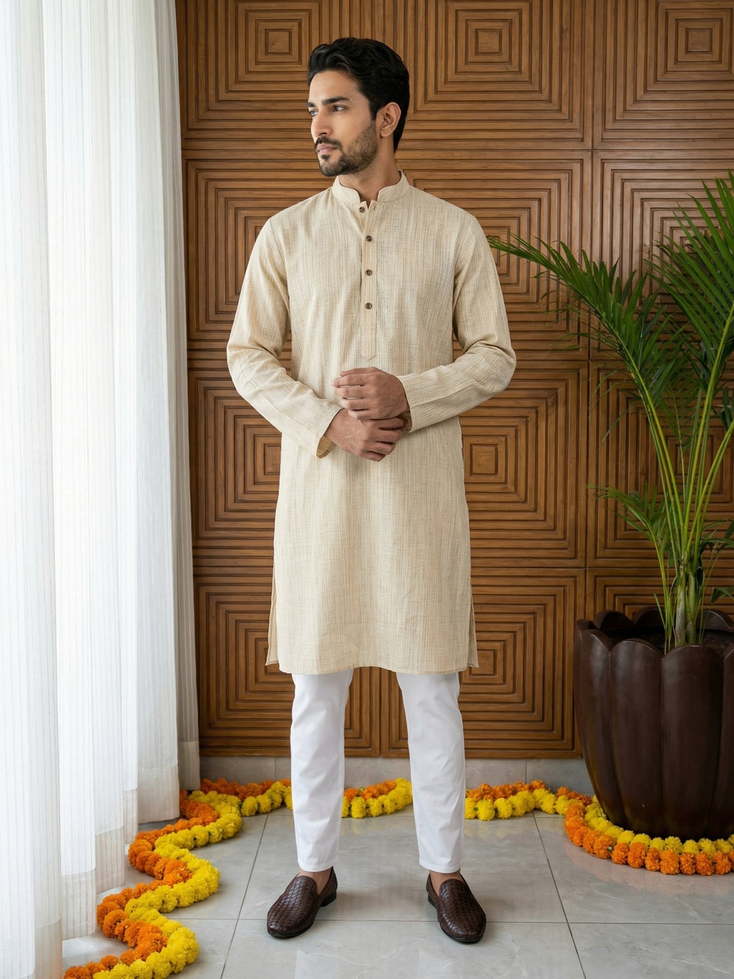 DesiQlo Men Woven Design Kurta Pyjama Set - Beige