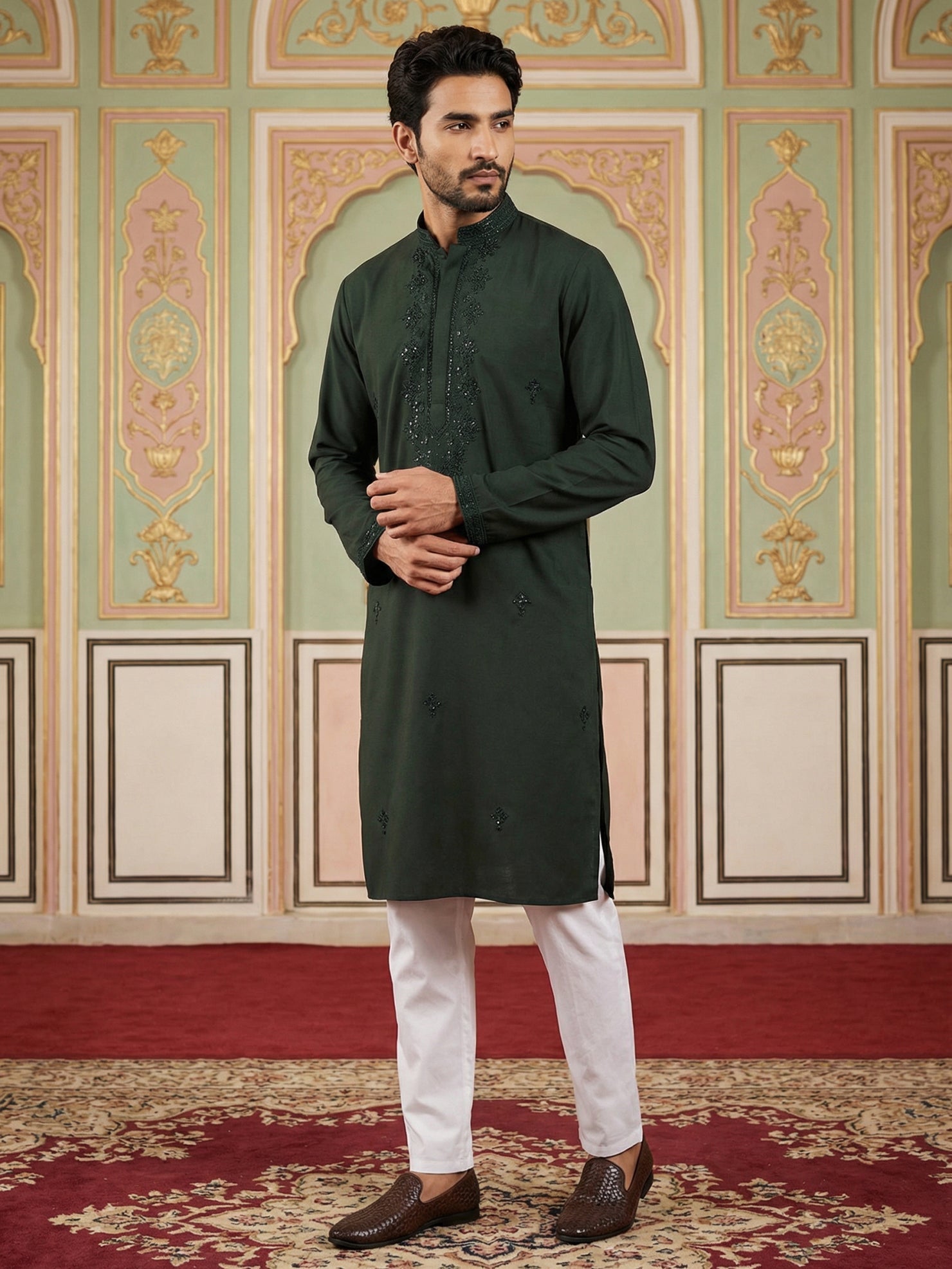 DesiQlo Men Embroidered Kurta Pyjama Set - Green - 65KP_P_5519Olive_S