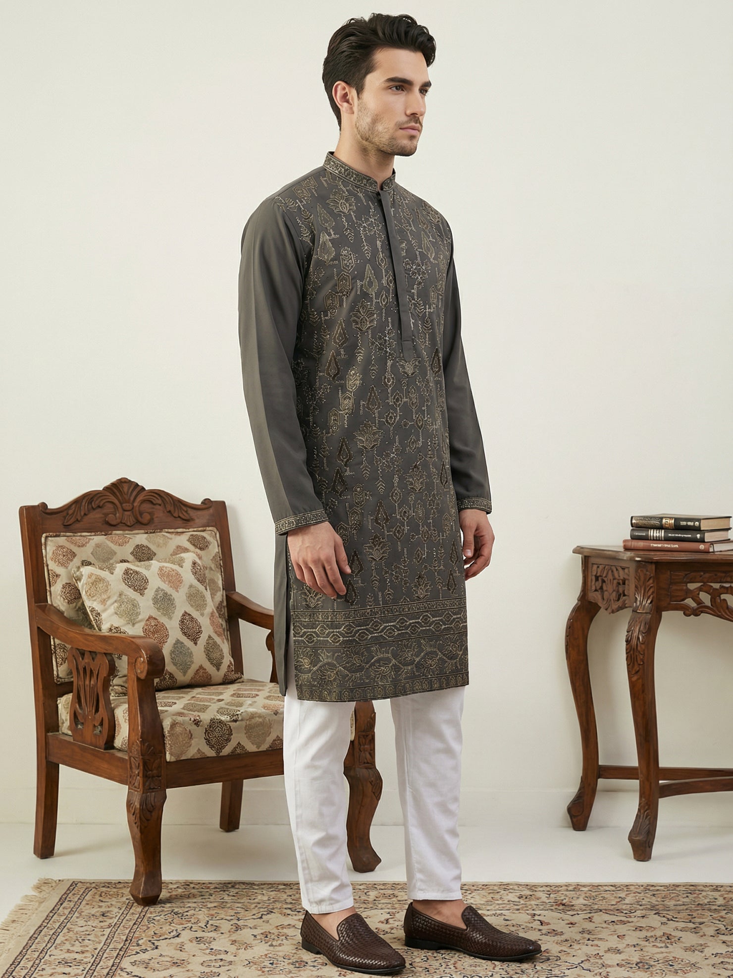 DesiQlo Men Embroidered Kurta Pyjama Set - Grey - 65KP_P_5520Grey_S