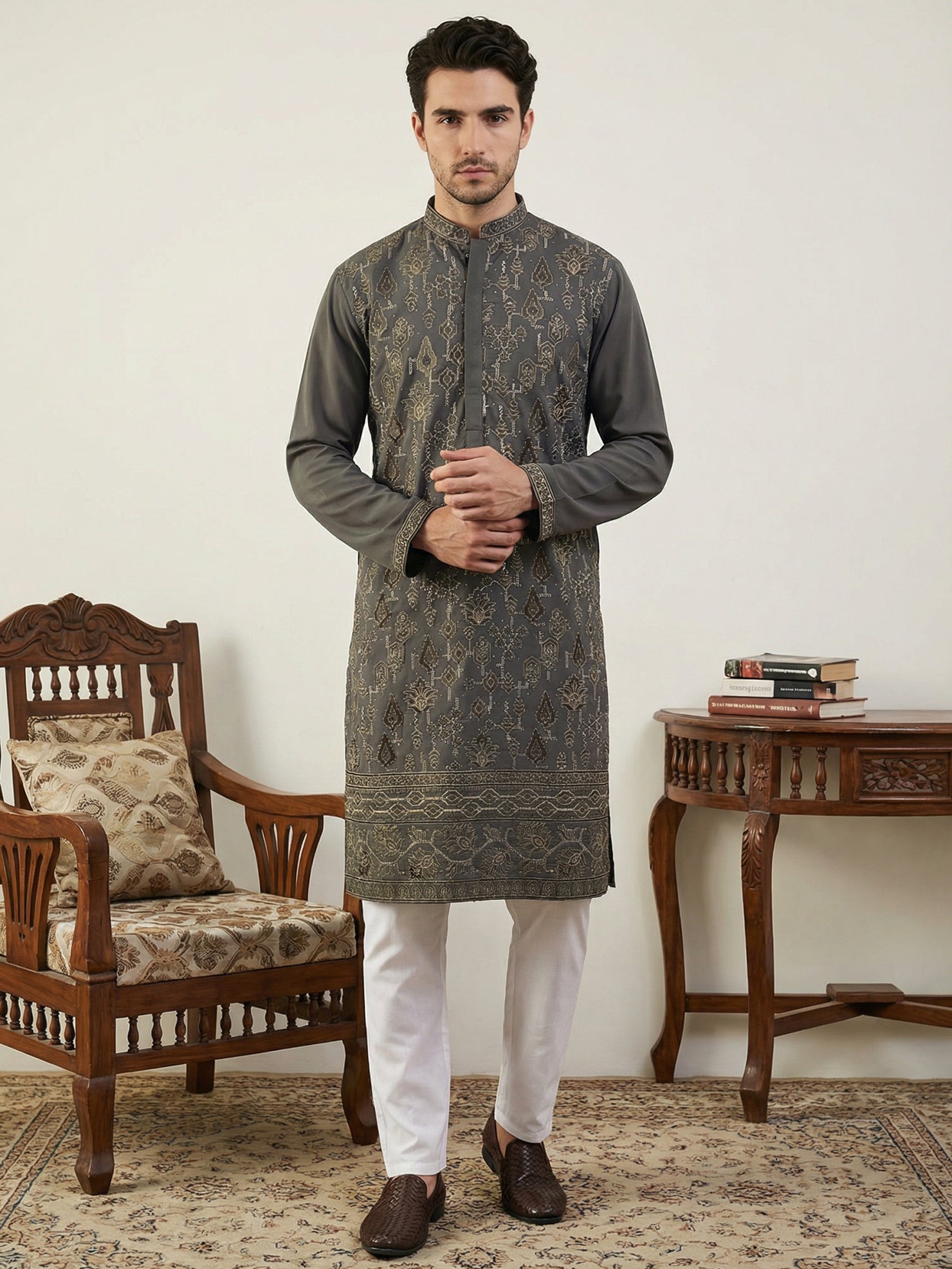 DesiQlo Men Embroidered Kurta Pyjama Set - Grey - 65KP_P_5520Grey_S