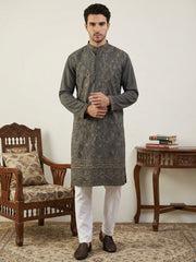 Japanese Embroidery Traditional Kurta Set ( 65KP P 5520Grey ) [FF] [B-1-2]