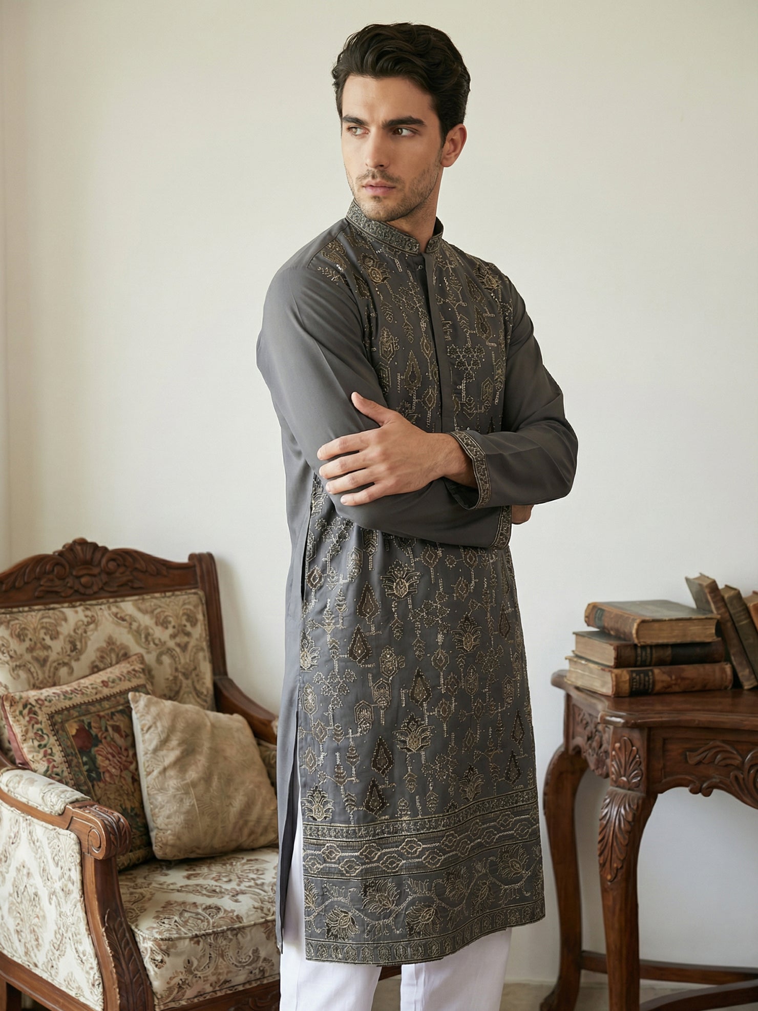 DesiQlo Men Embroidered Kurta Pyjama Set - Grey - 65KP_P_5520Grey_S