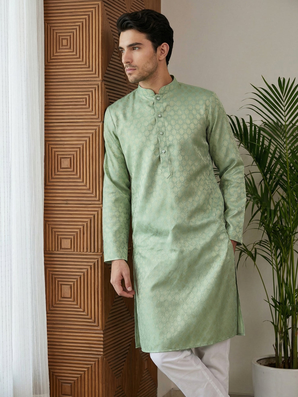 Woven Design Cotton Jacquard Kurta Set ( 65KP P 5521Green ) [FF] [P-10]