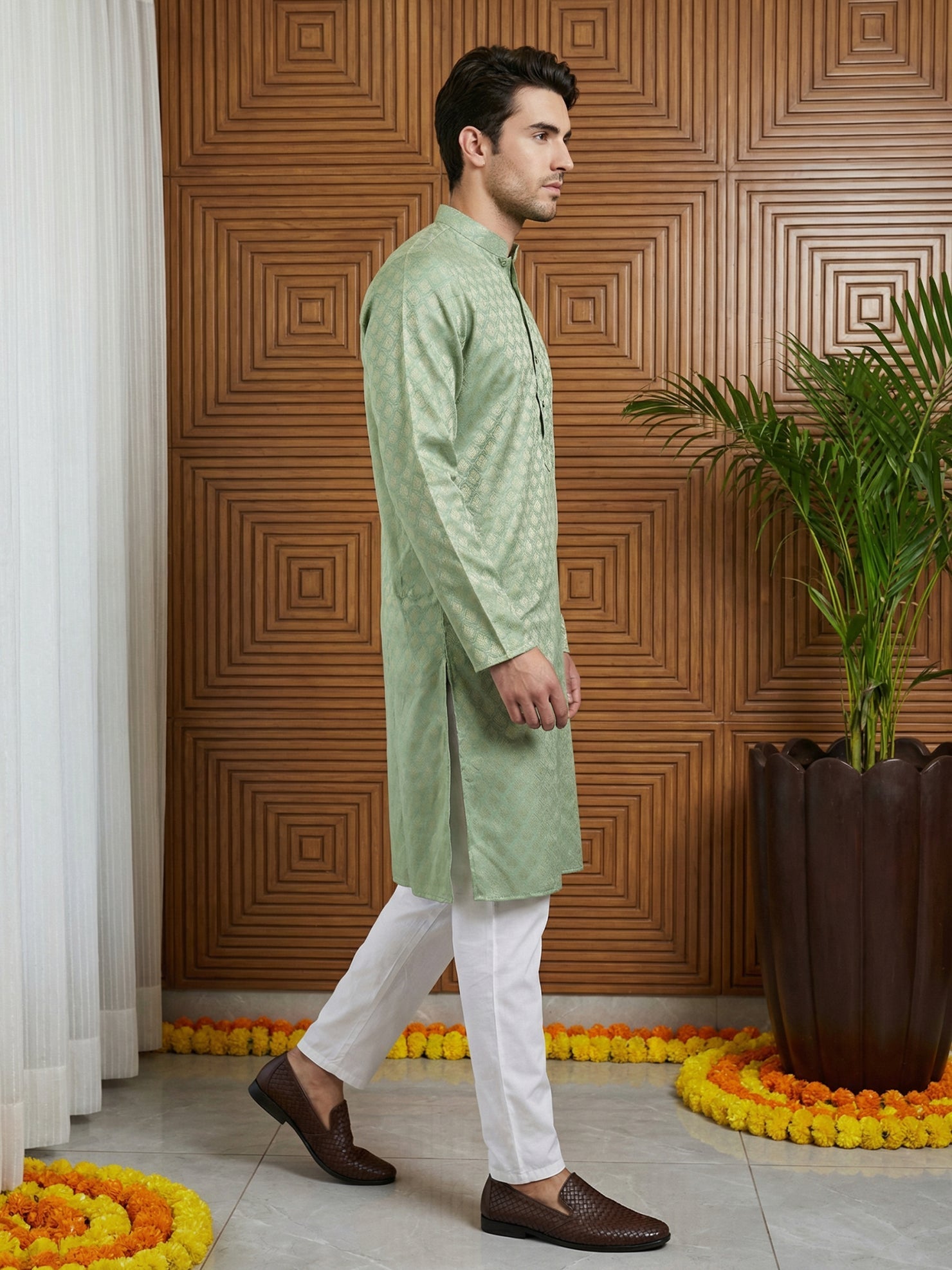 DesiQlo Men Woven Design Kurta Pyjama Set - Green - 65KP_P_5521Green_S