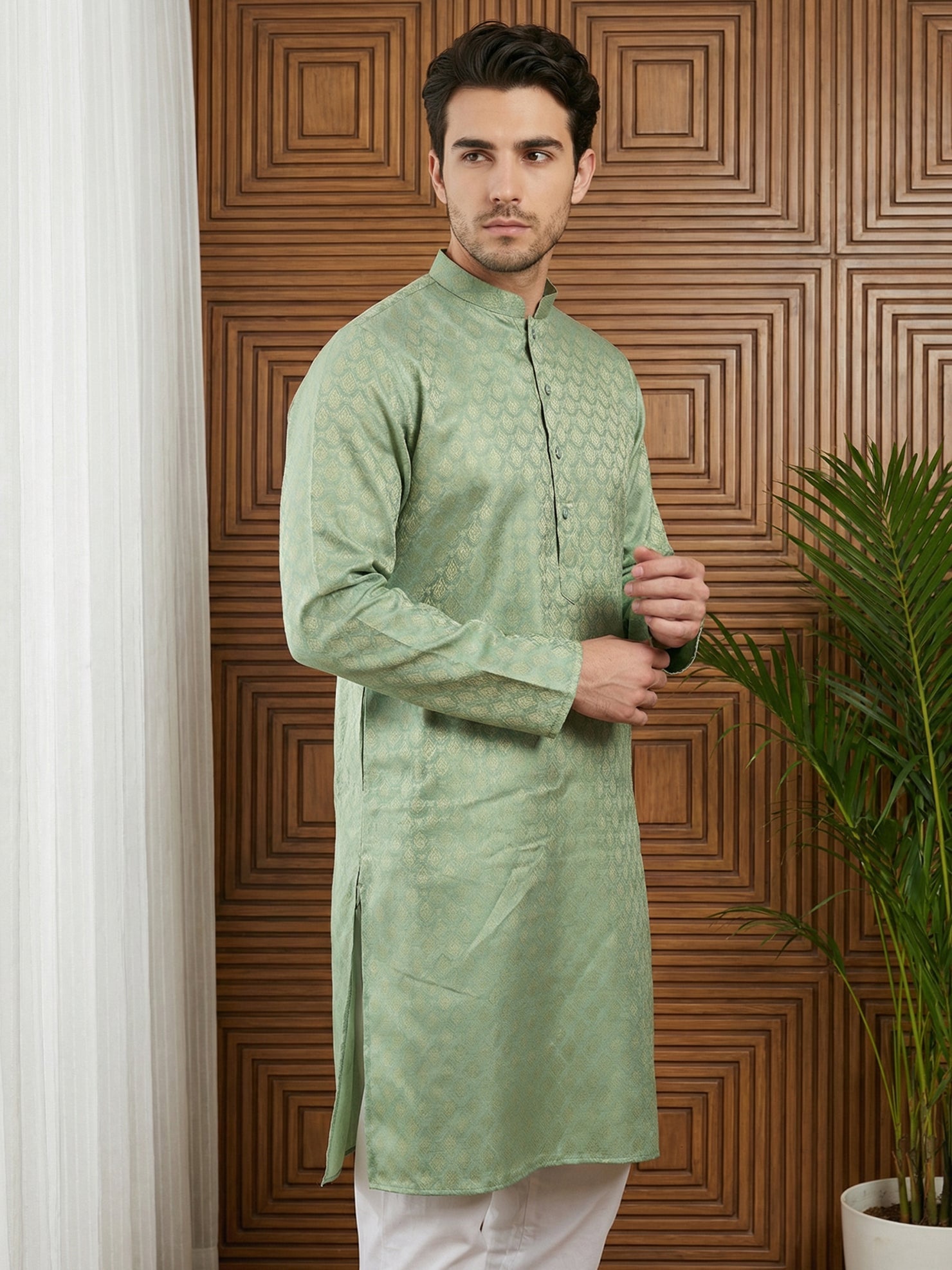DesiQlo Men Woven Design Kurta Pyjama Set - Green - 65KP_P_5521Green_S