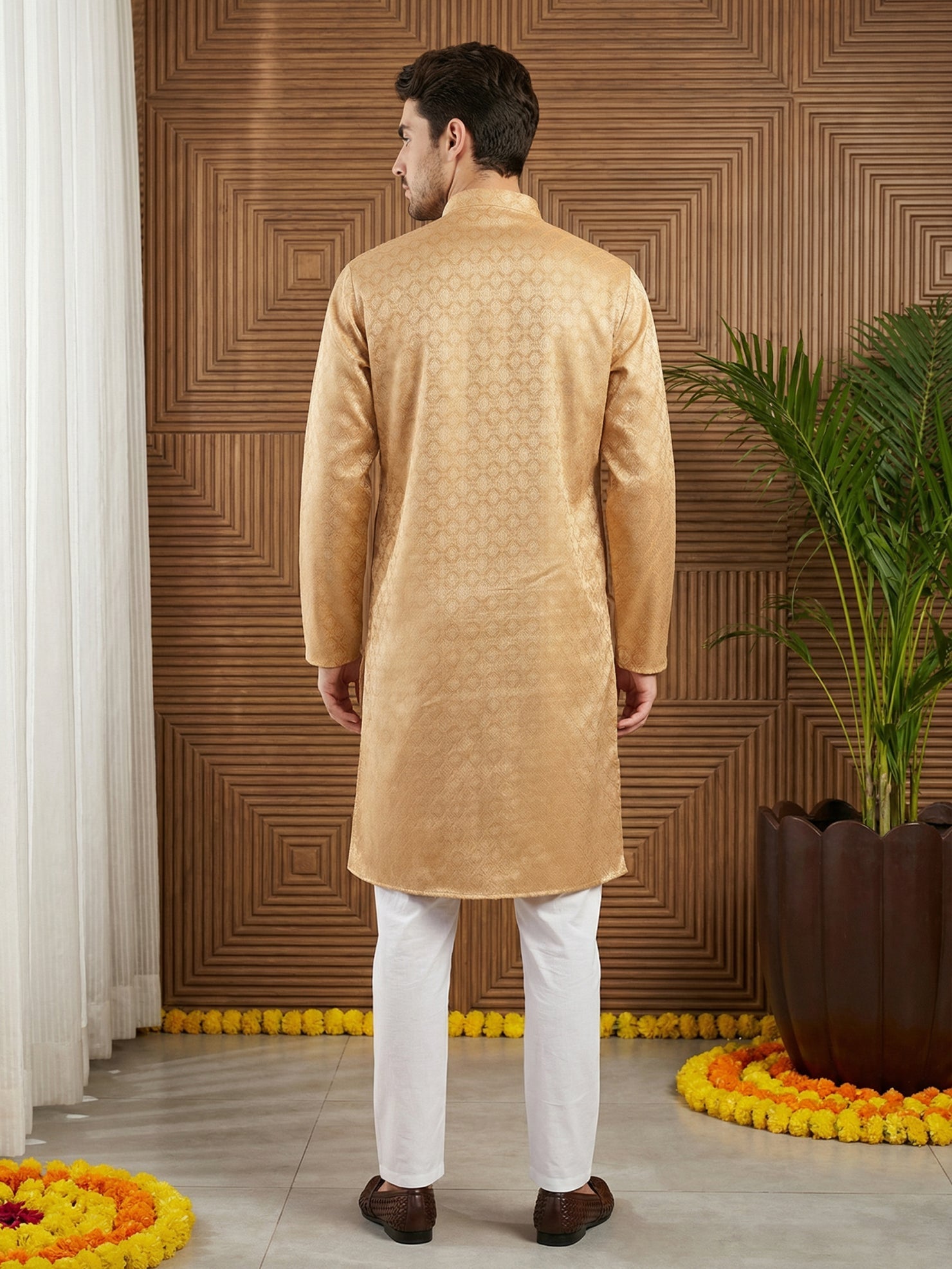 DesiQlo Men Woven Design Kurta Pyjama Set - Orange - 65KP_P_5521Orange