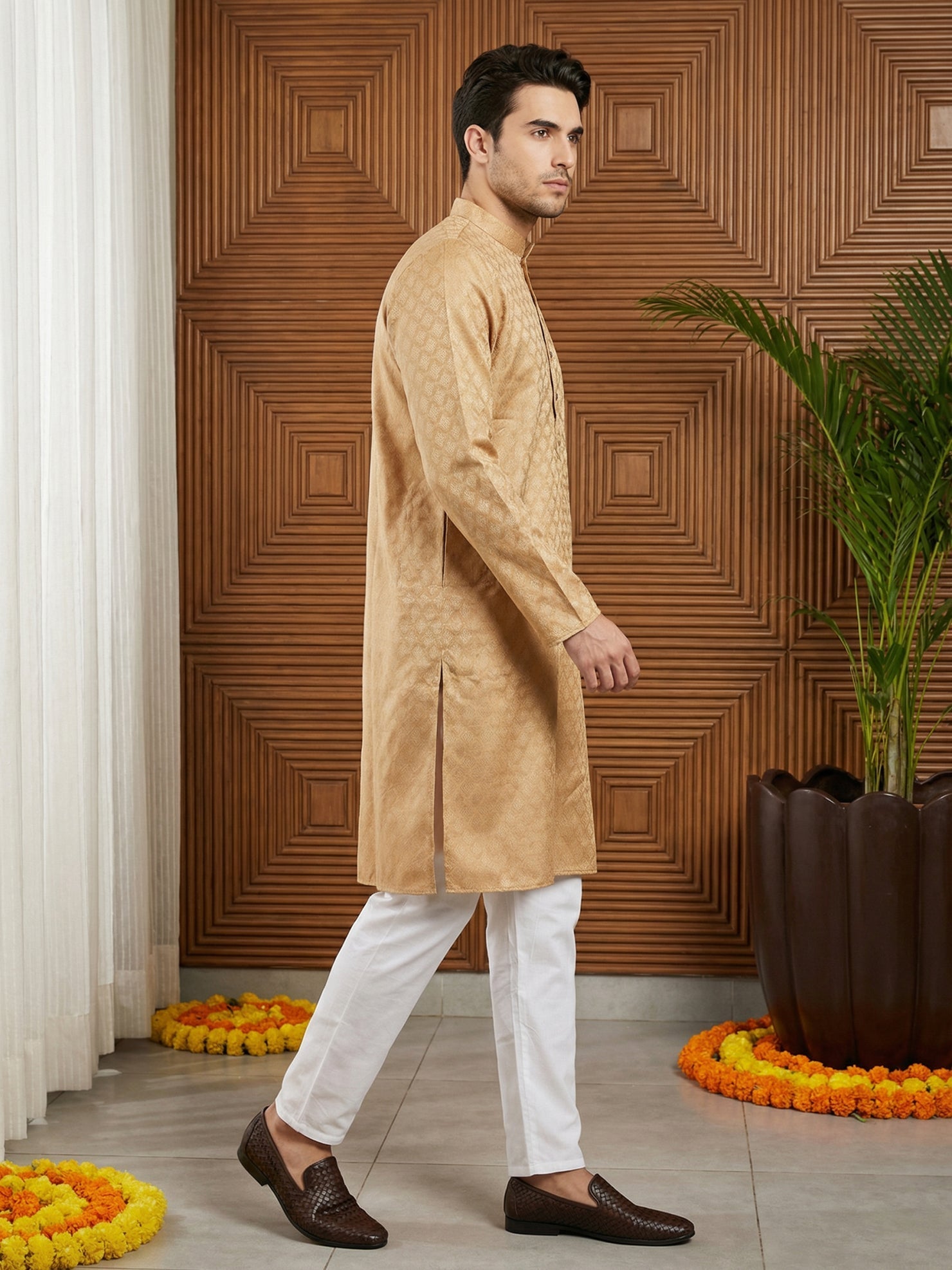 DesiQlo Men Woven Design Kurta Pyjama Set - Orange - 65KP_P_5521Orange