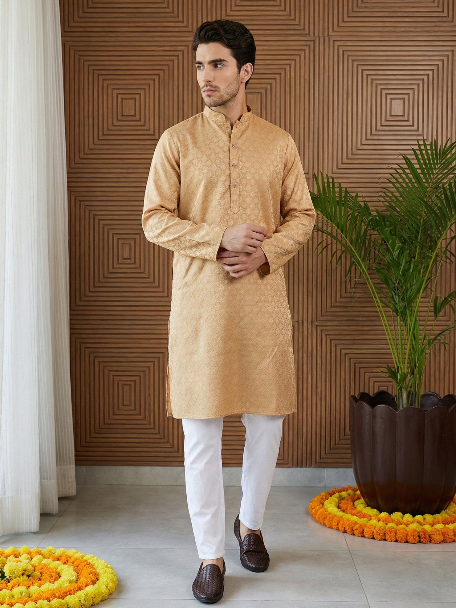 DesiQlo Men Woven Design Kurta Pyjama Set - Orange - 65KP_P_5521Orange