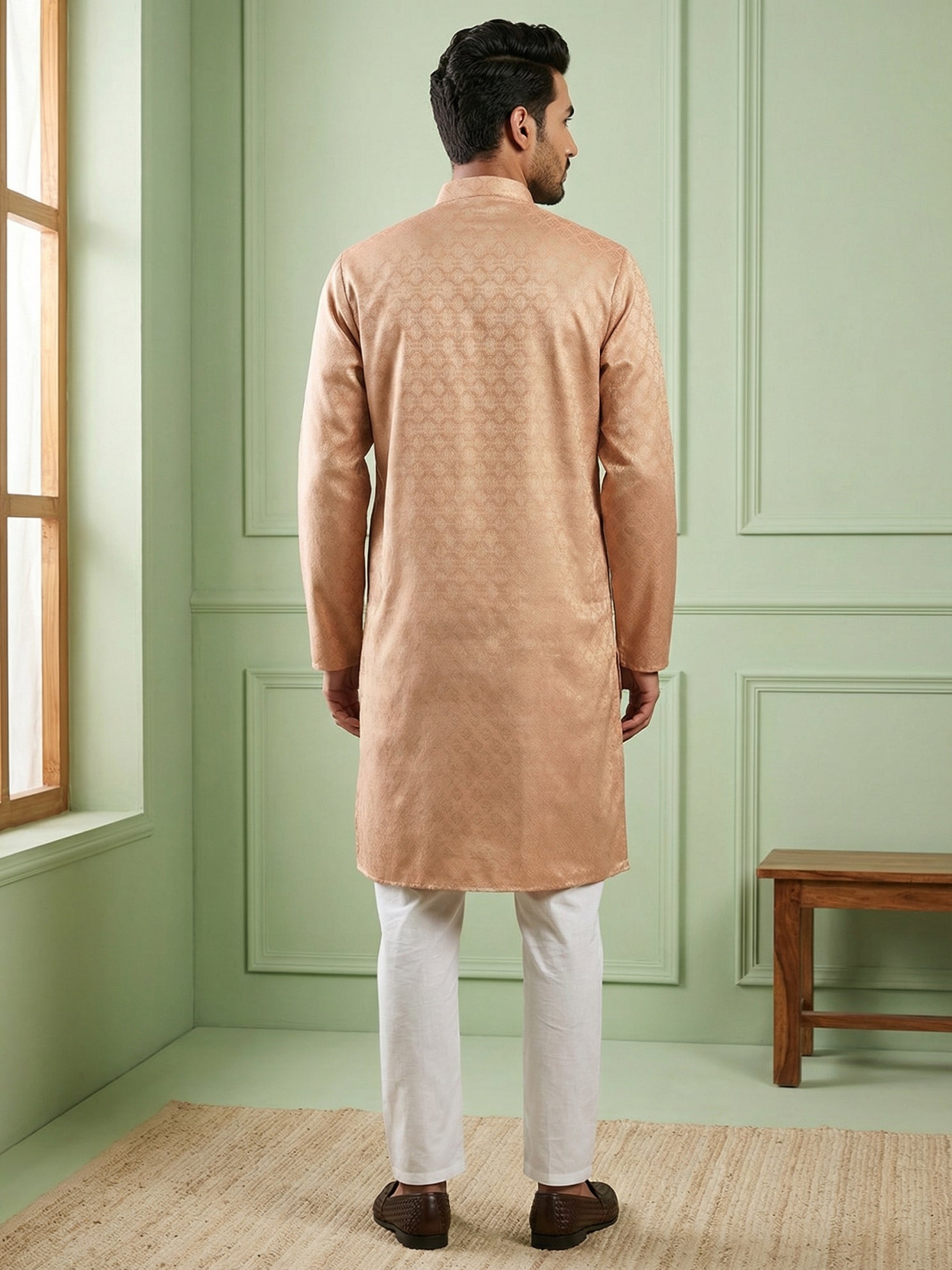 DesiQlo Men Woven Design Kurta Pyjama Set - Orange - 65KP_P_5521Peach_