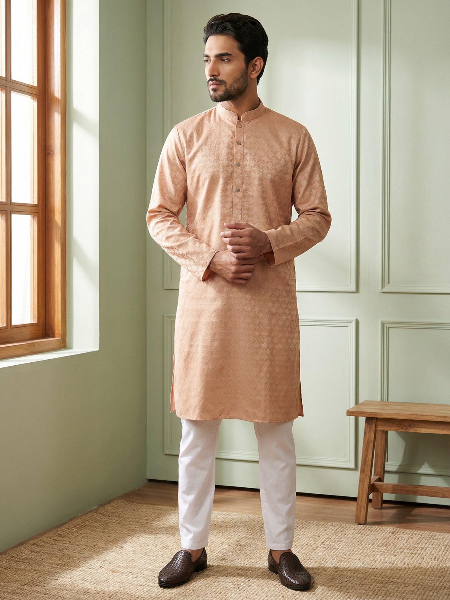 DesiQlo Men Woven Design Kurta Pyjama Set - Orange - 65KP_P_5521Peach_