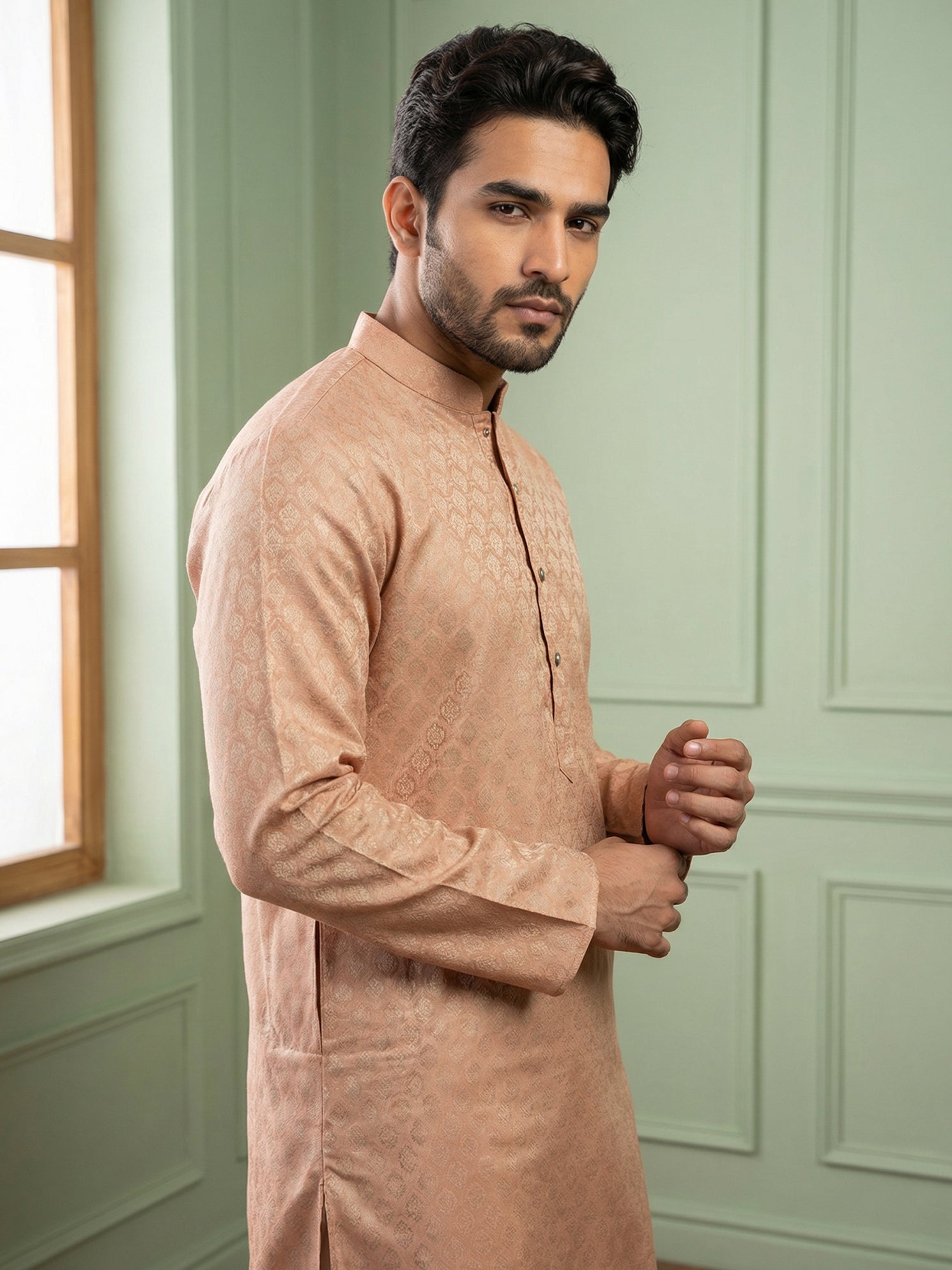 DesiQlo Men Woven Design Kurta Pyjama Set - Orange - 65KP_P_5521Peach_