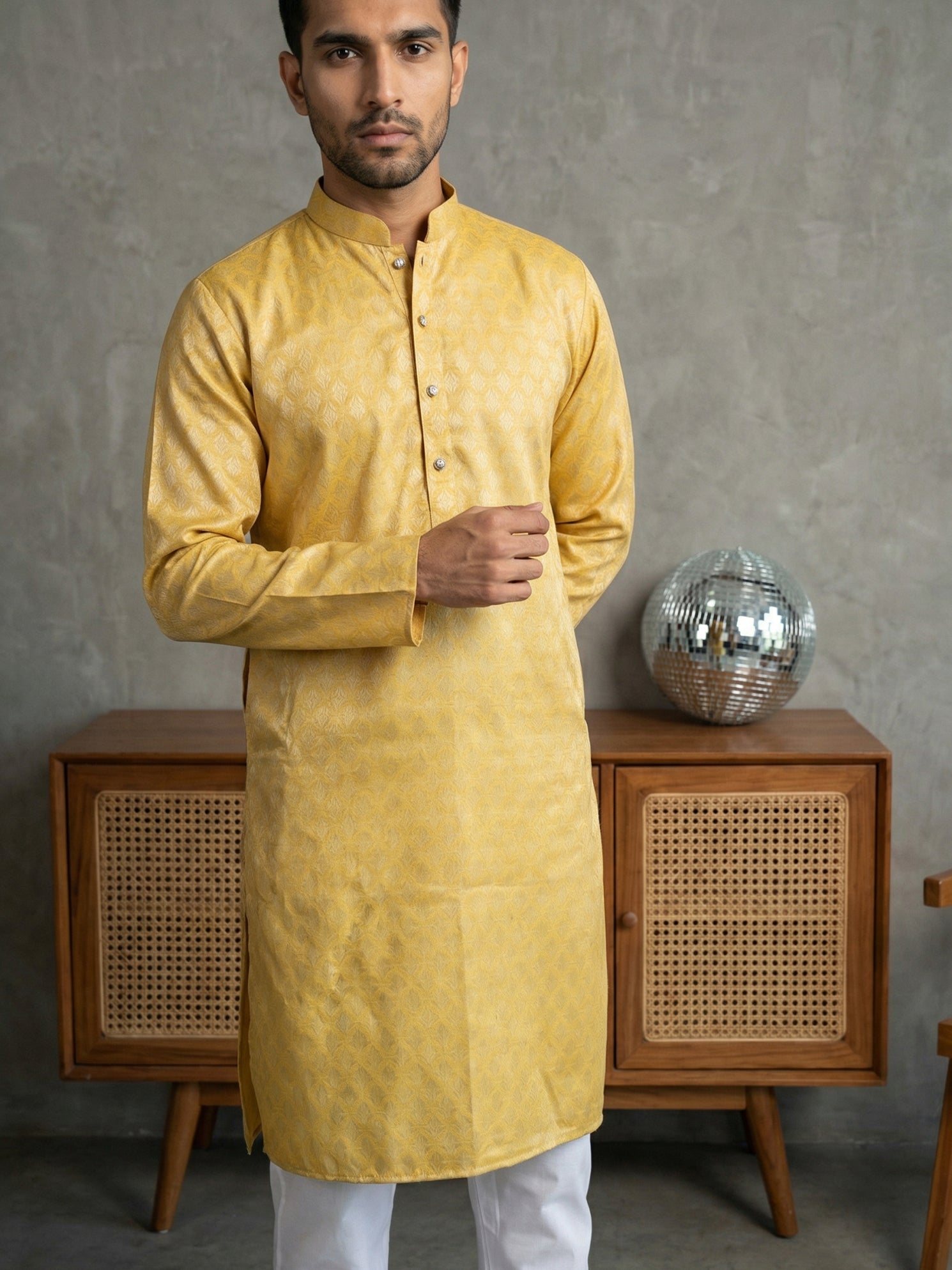 DesiQlo Men Woven Design Kurta Pyjama Set - Yellow - 65KP_P_5521Yellow