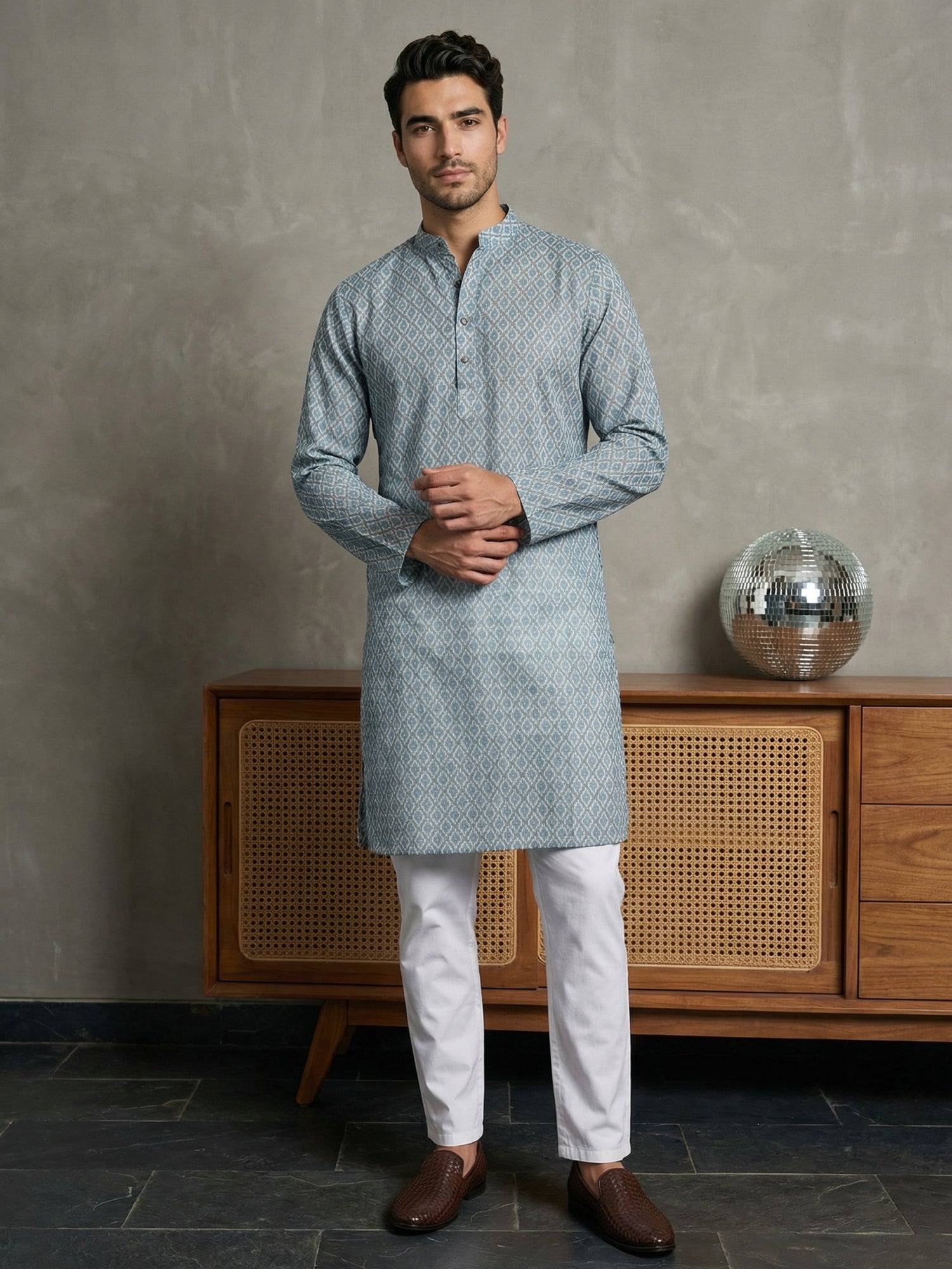 DesiQlo Men Printed Kurta Pyjama Set - Blue - 65KP_P_5523Blue_S