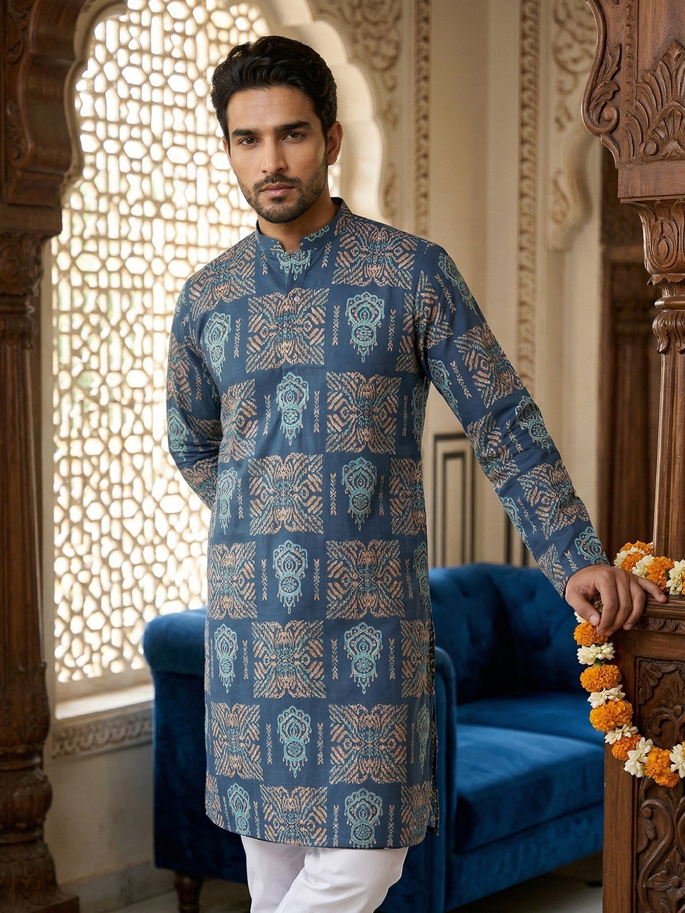 DesiQlo Men Printed Kurta Pyjama Set - Blue - 65KP_P_5524Blue_S