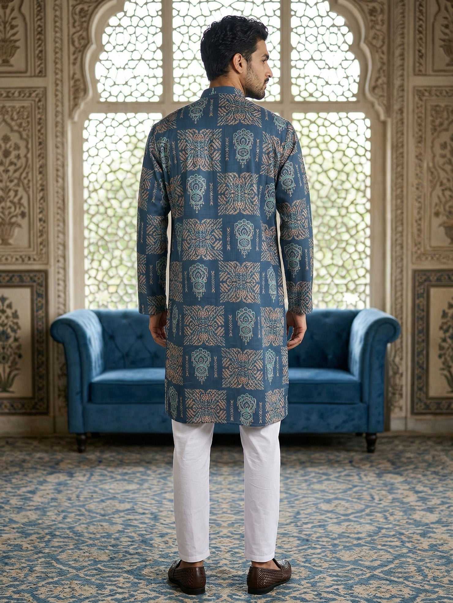 DesiQlo Men Printed Kurta Pyjama Set - Blue - 65KP_P_5524Blue_S