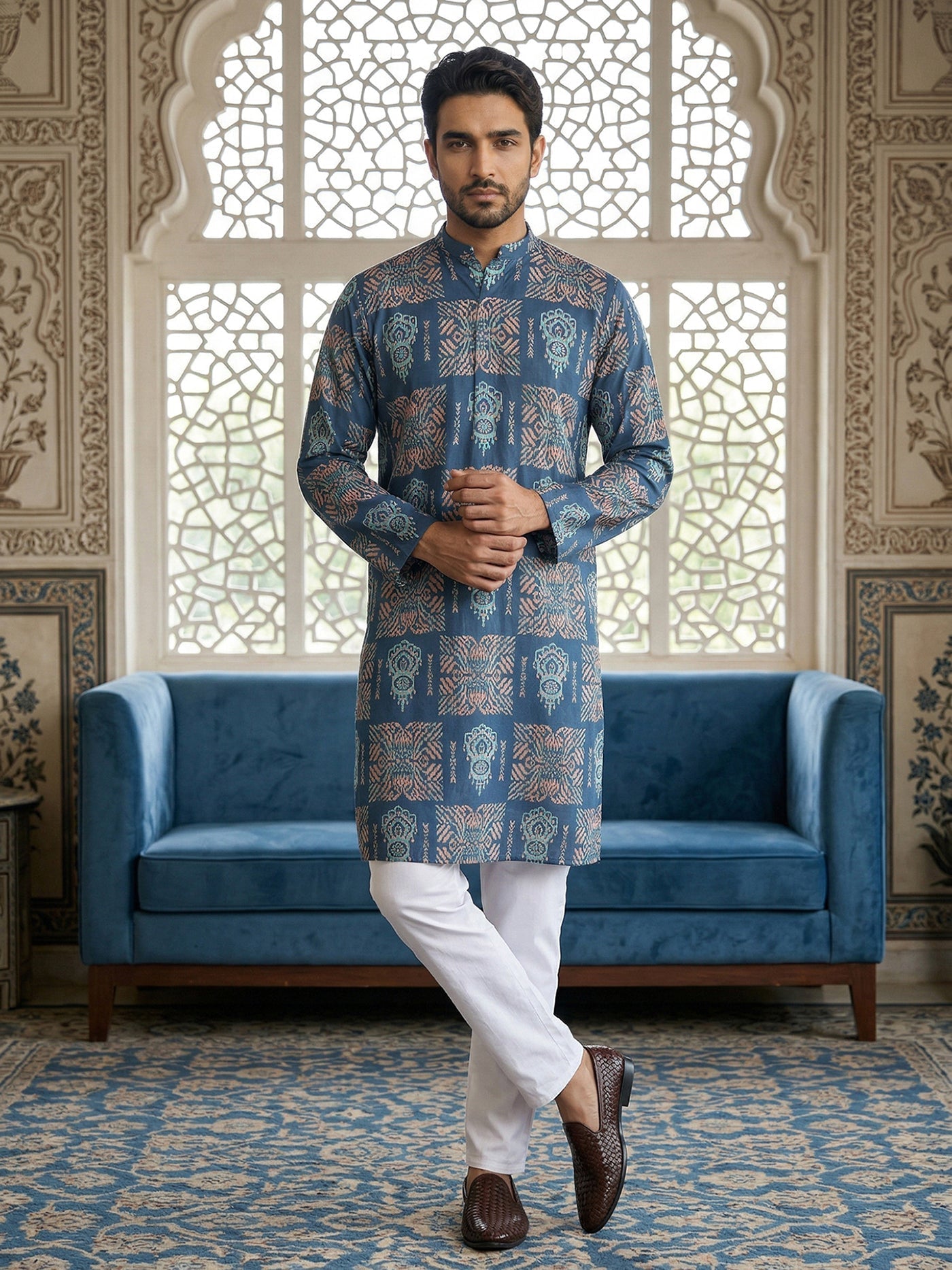 DesiQlo Men Printed Kurta Pyjama Set - Blue - 65KP_P_5524Blue_S