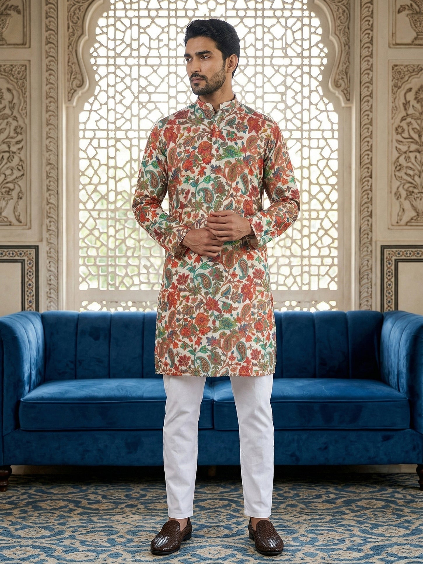 DesiQlo Men Printed Kurta Pyjama Set - Multicolor - 65KP_P_5524Multi_S
