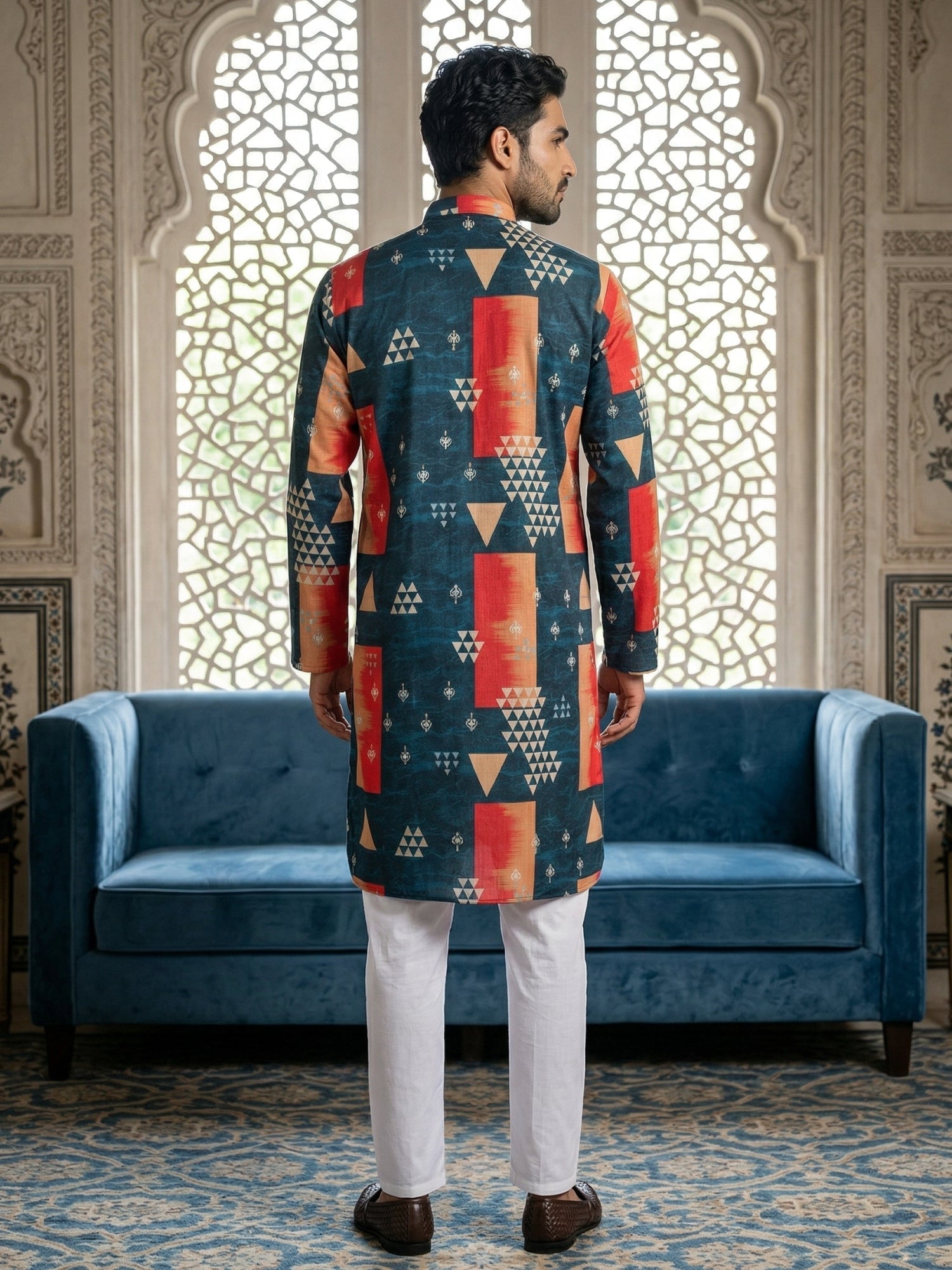 DesiQlo Men Printed Kurta Pyjama Set - Blue - 65KP_P_5524Navy_S