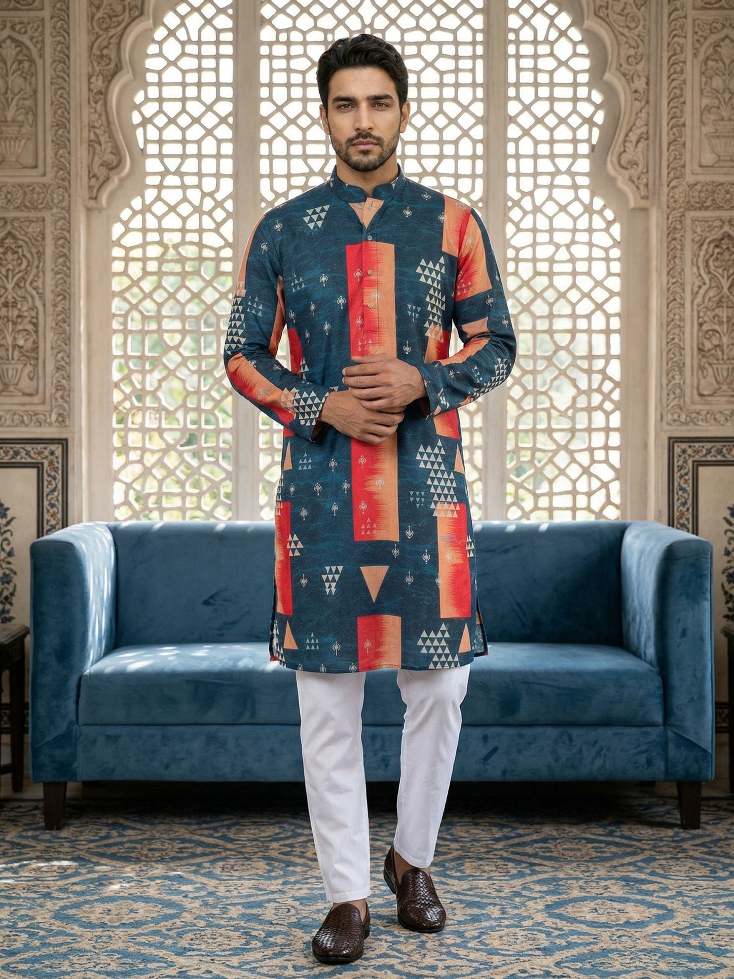 DesiQlo Men Printed Kurta Pyjama Set - Blue - 65KP_P_5524Navy_S