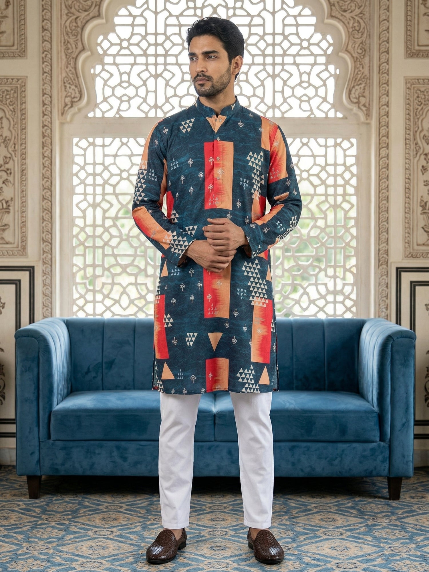 DesiQlo Men Printed Kurta Pyjama Set - Blue - 65KP_P_5524Navy_S