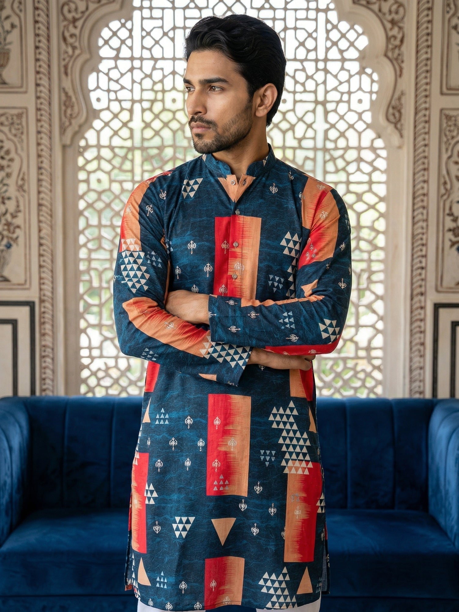 DesiQlo Men Printed Kurta Pyjama Set - Blue - 65KP_P_5524Navy_S