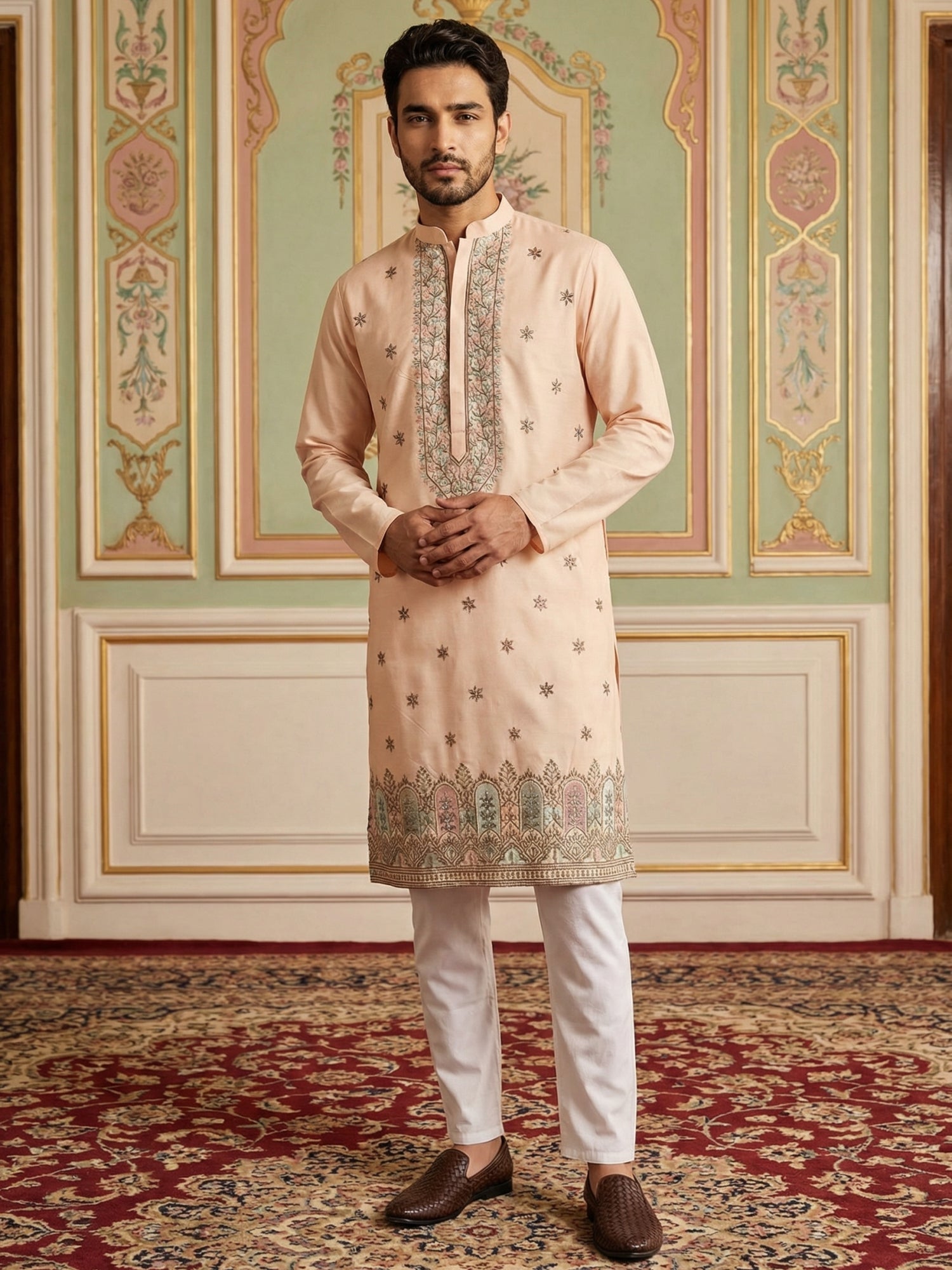 DesiQlo Men Embroidered Kurta Pyjama Set - Orange - 65KP_P_5525Peach_S