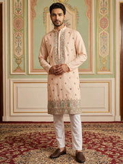 Men Silk Blend Embroidered Kurta Pyjama Set ( 65KP P 5525Peach ) [FF] [A-1-2-3-4]