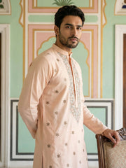 Men Silk Blend Embroidered Kurta Pyjama Set ( 65KP P 5525Peach ) [FF] [A-1-2-3-4]