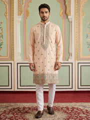 Men Silk Blend Embroidered Kurta Pyjama Set ( 65KP P 5525Peach ) [FF] [A-1-2-3-4]