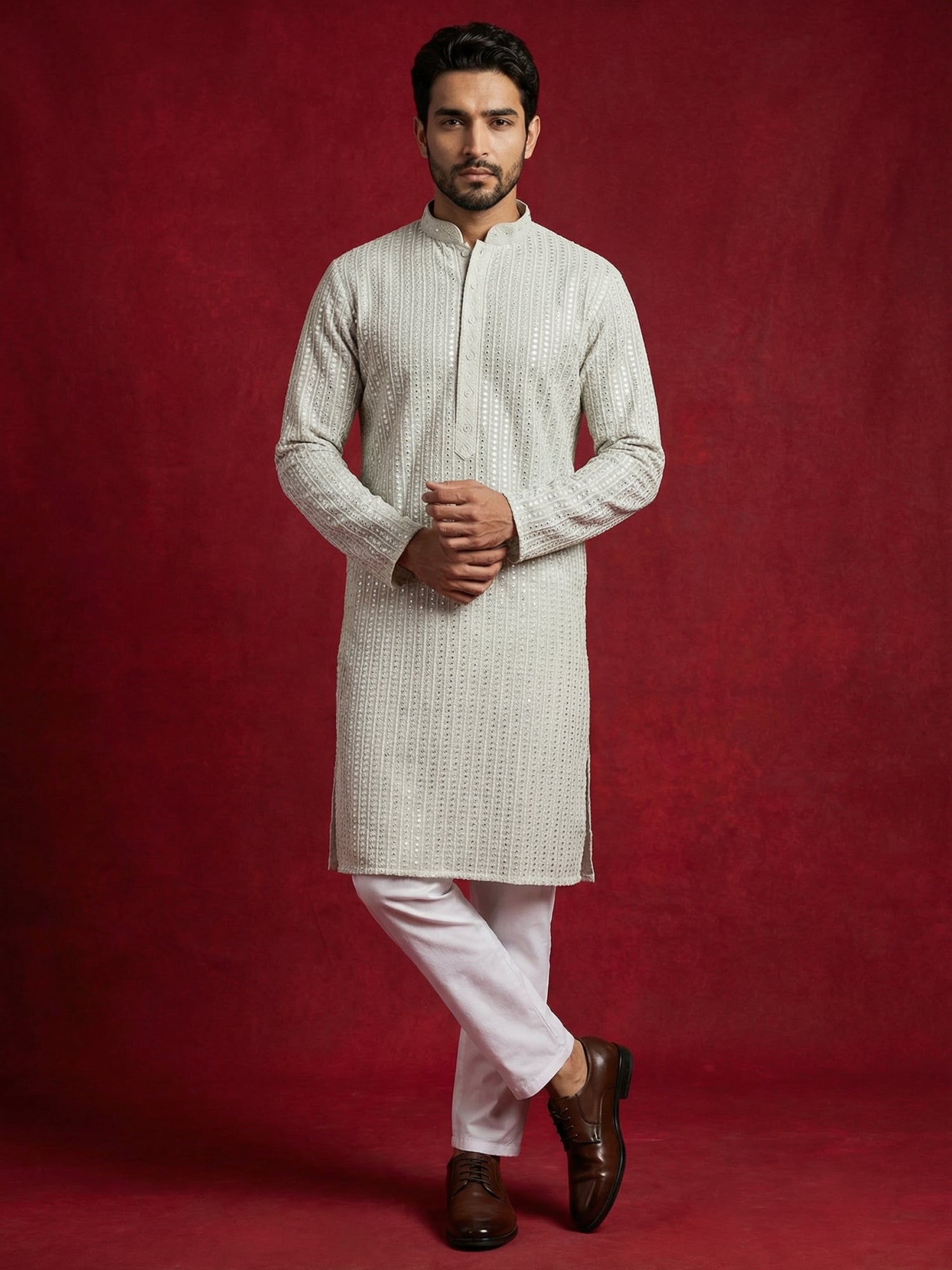 DesiQlo Men Embroidered Kurta Pyjama Set - Beige - 65KP_P_5526Cream_S