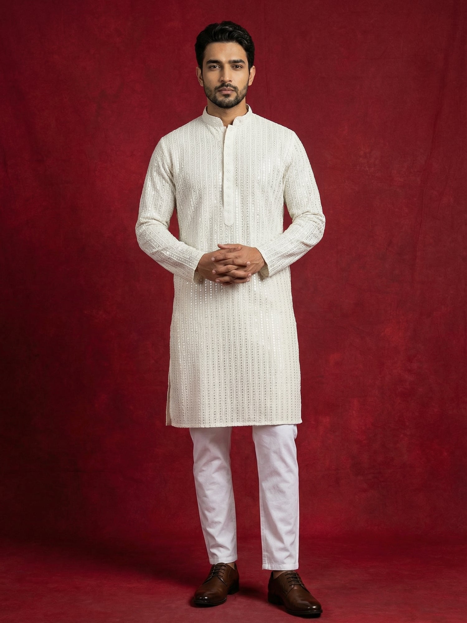 DesiQlo Men Embroidered Kurta Pyjama Set - Beige - 65KP_P_5526Cream_S