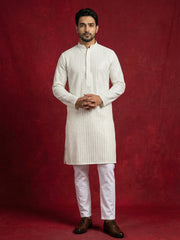 Ivory Sequins Embroidered Kurta Pyjama Set ( 65KP P 5526Cream ) [FF] [B-5]