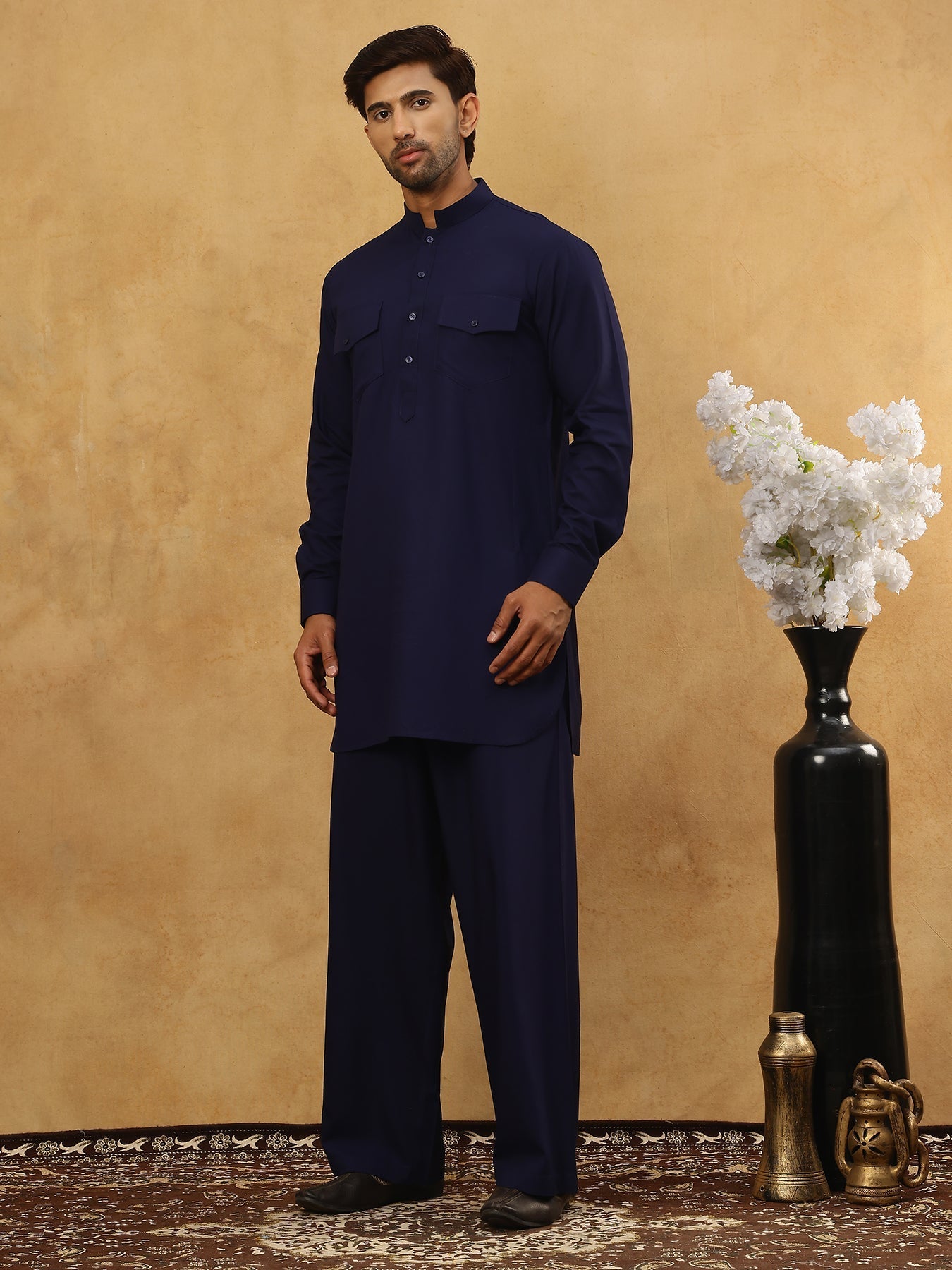 DesiQlo Men Solid Kurta Pyjama Set - Blue - 65KP_5527Navy_S