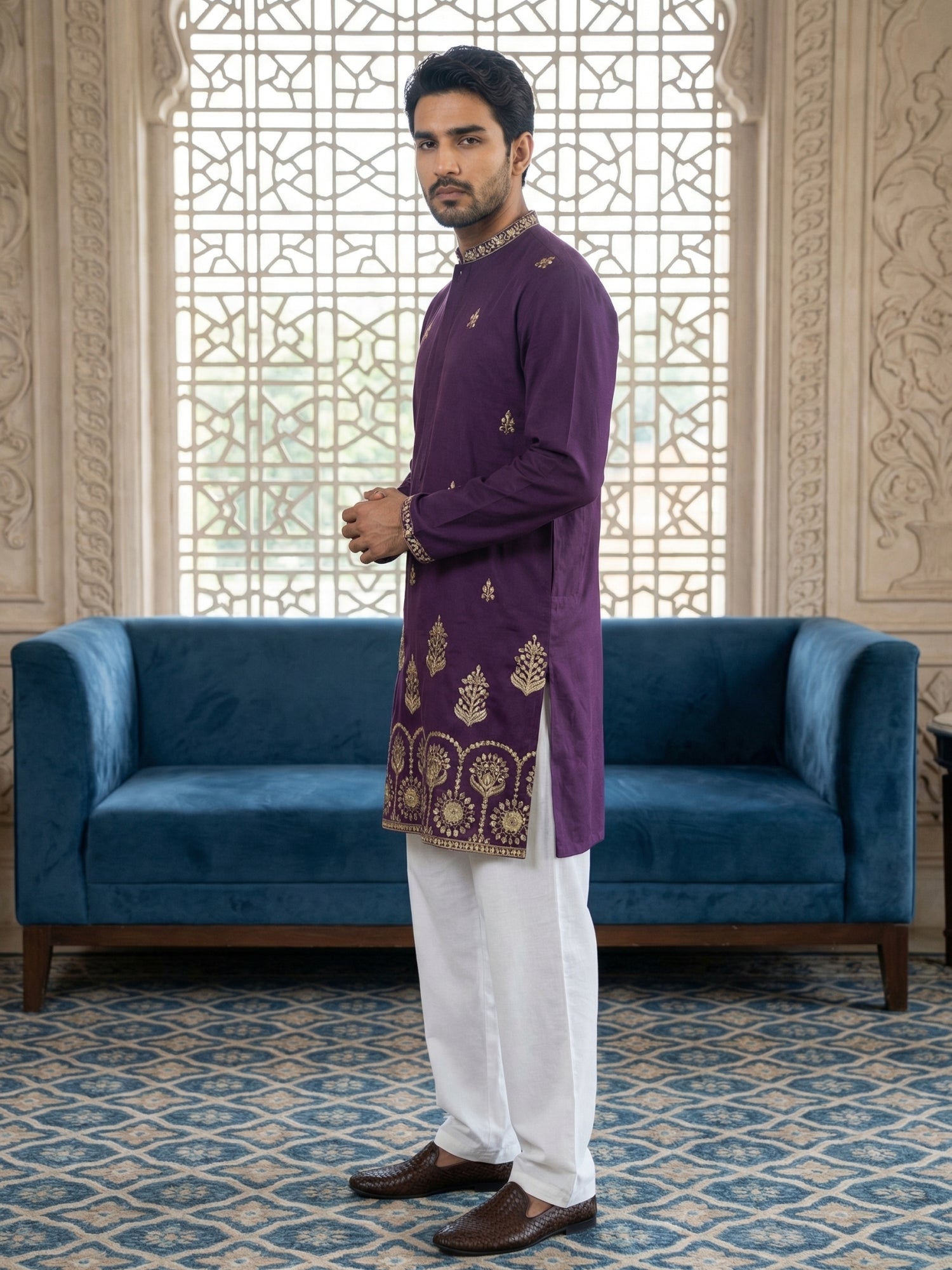 DesiQlo Men Embroidered Kurta Pyjama Set - Purple - 65KP_P_5531Purple_