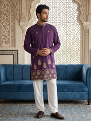Men’s Classic Kurta Set with Rich Hemline Embroidery ( 65KP P 5531Purple ) [FF] [A-1-2-3-4]