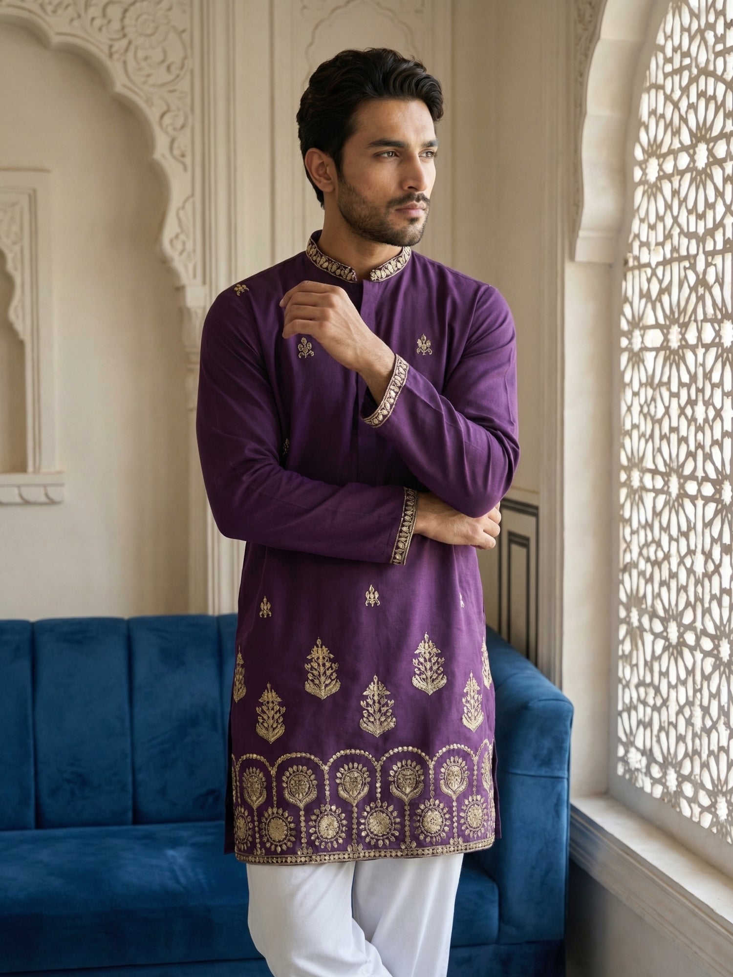 DesiQlo Men Embroidered Kurta Pyjama Set - Purple - 65KP_P_5531Purple_