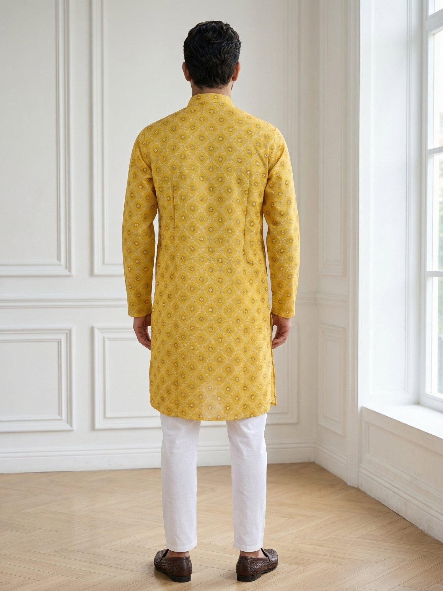 DesiQlo Men Printed Kurta Pyjama Set - Yellow - 65KP_P_5532Yellow_S