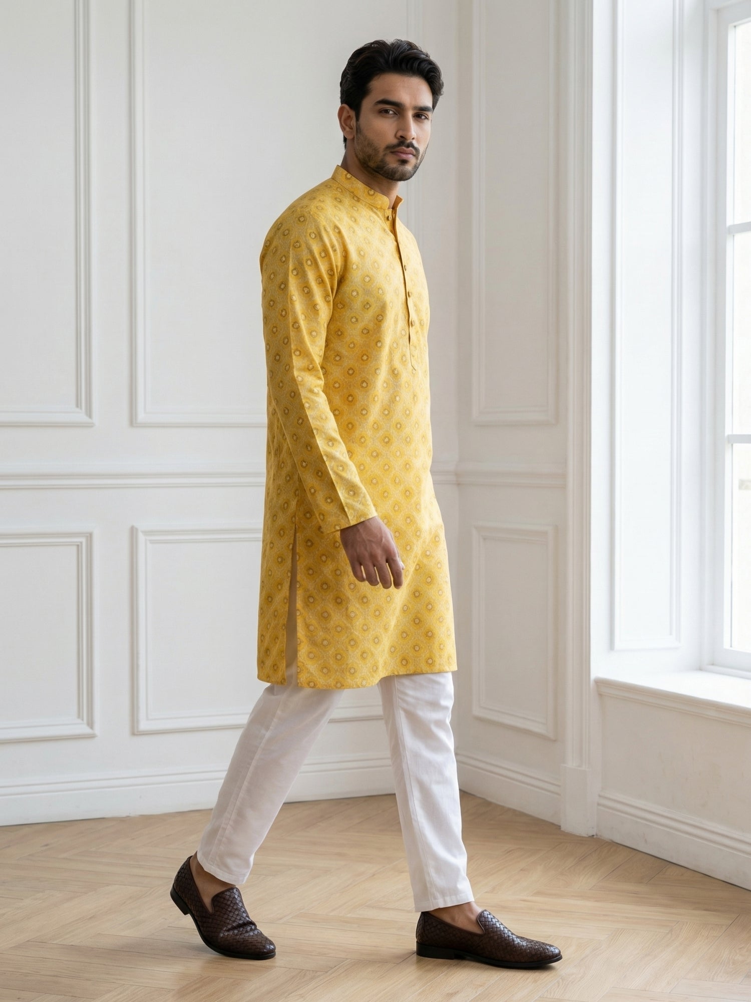 DesiQlo Men Printed Kurta Pyjama Set - Yellow - 65KP_P_5532Yellow_S