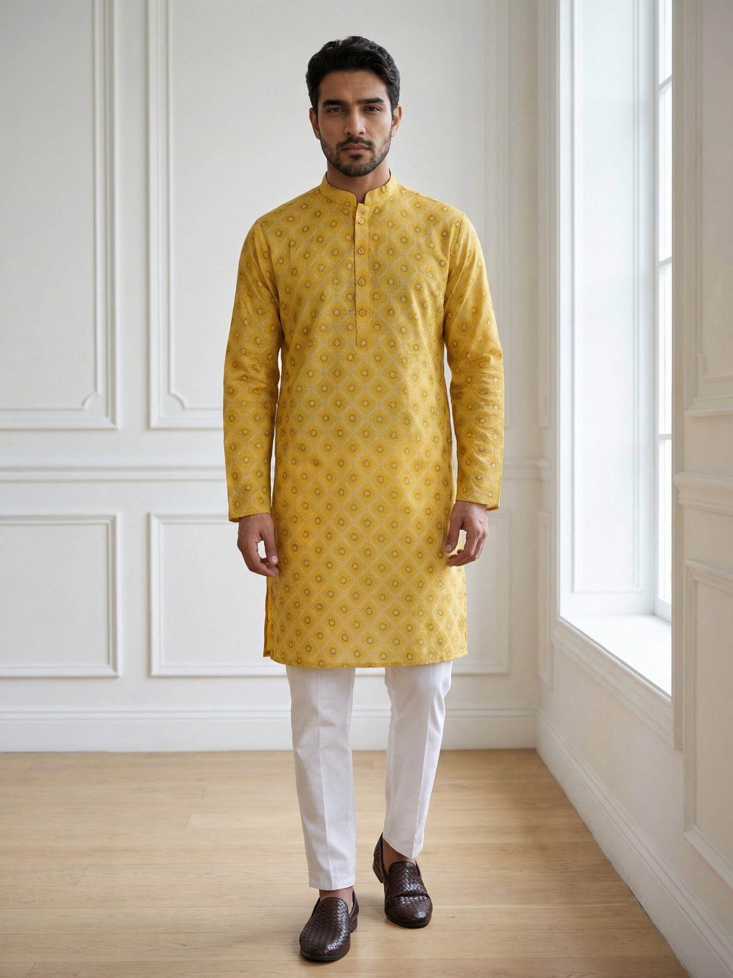 DesiQlo Men Printed Kurta Pyjama Set - Yellow - 65KP_P_5532Yellow_S