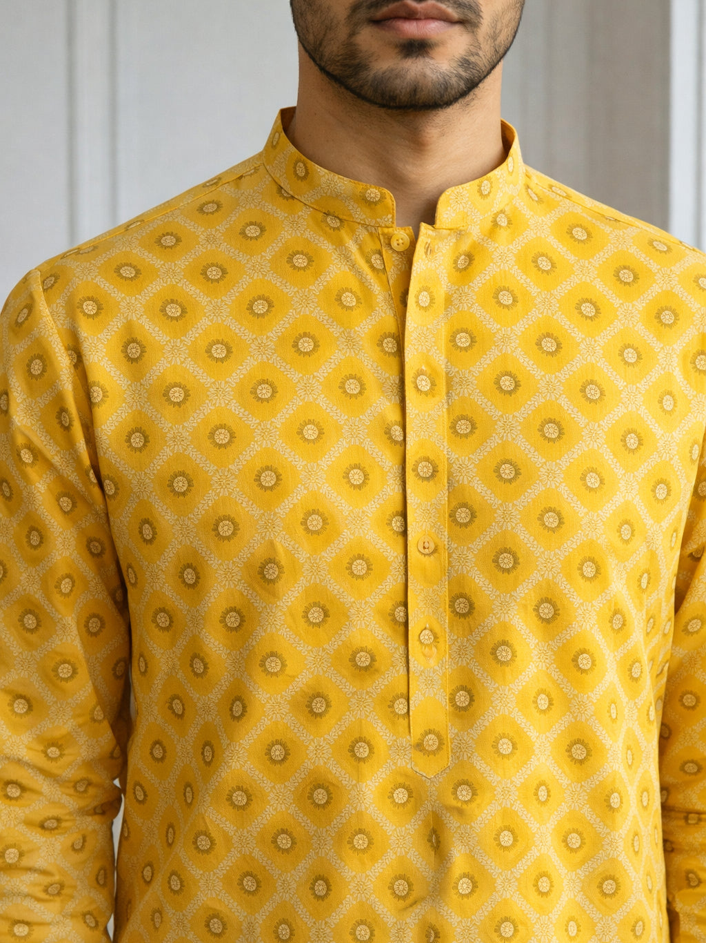 DesiQlo Men Printed Kurta Pyjama Set - Yellow - 65KP_P_5532Yellow_S