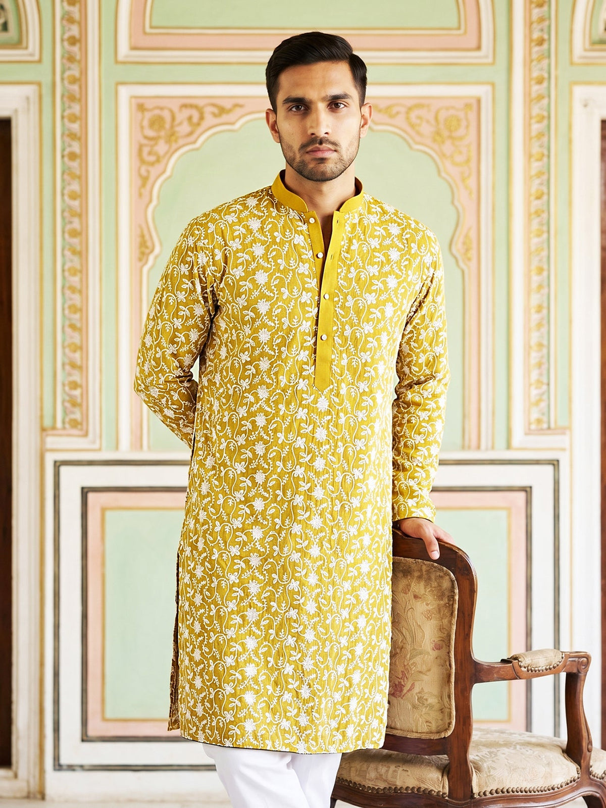 Floral Embroidered Viscose Rayon Kurta Set ( 65KP P 5533Mustard )