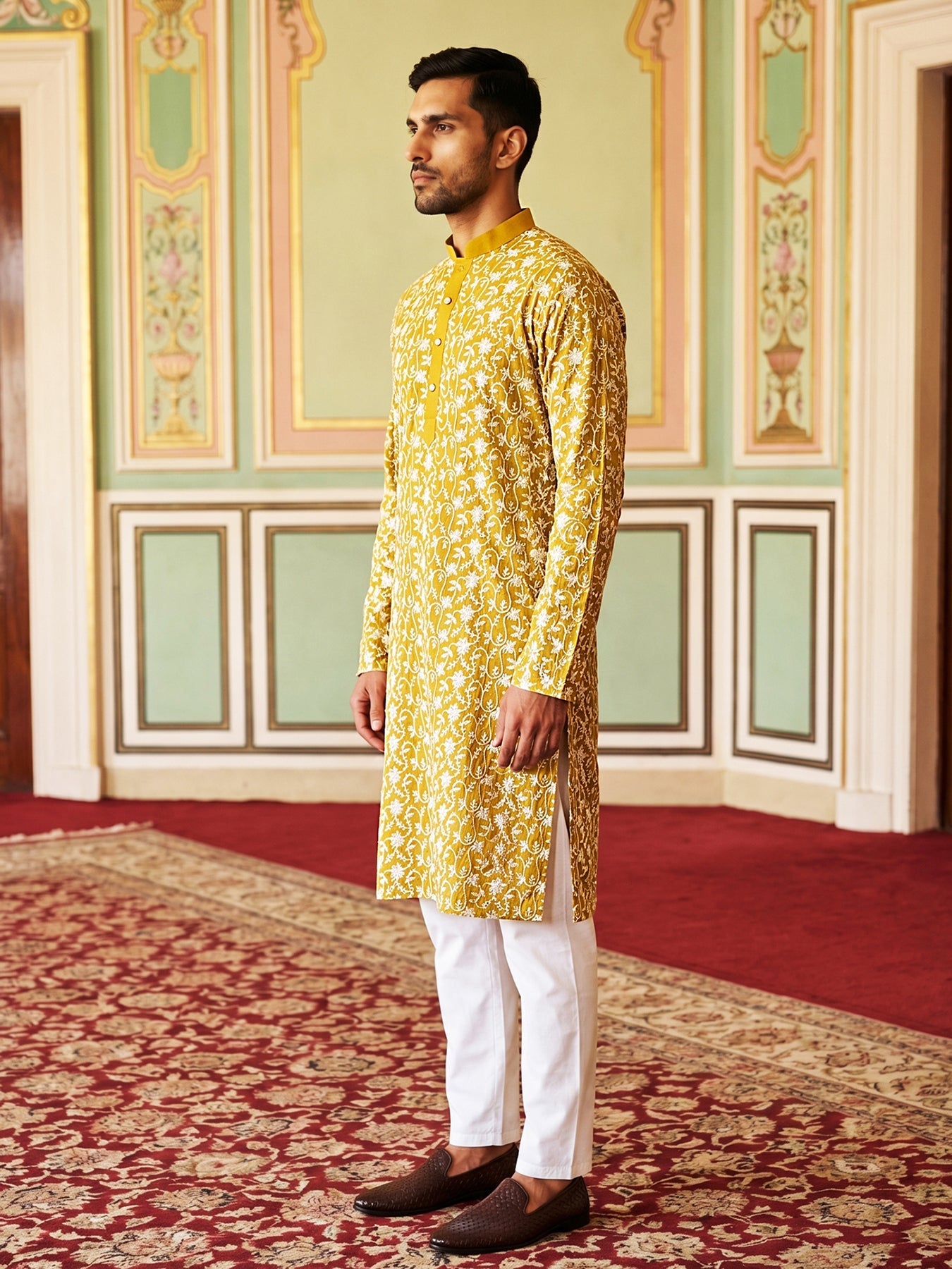 DesiQlo Men Embroidered Kurta Pyjama Set - Yellow - 65KP_P_5533Mustard